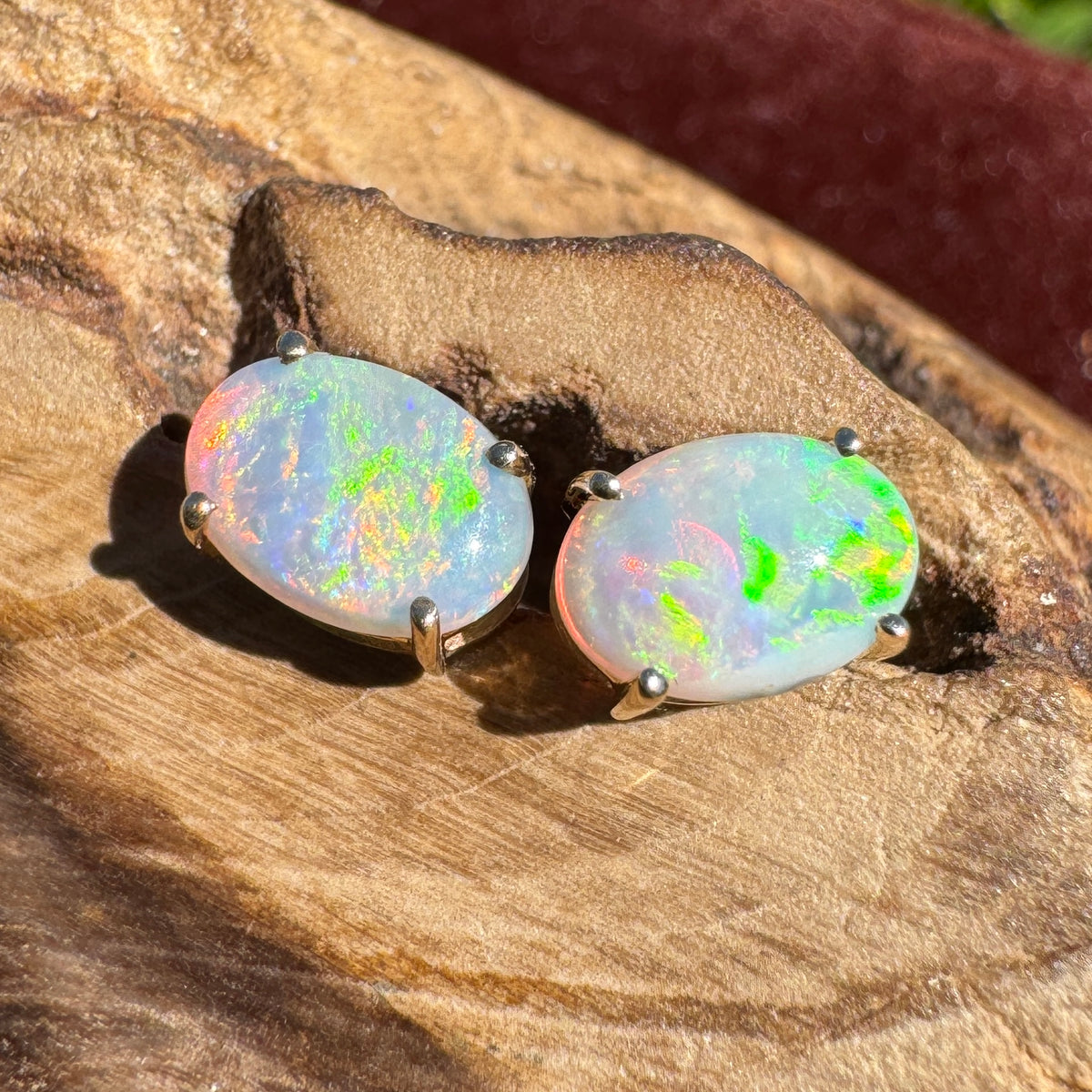 1.2ct Coober Pedy Opal Stud Earrings ~ 'Warrumbungle Spectrum' | 14ct Yellow Gold | Solid Australian Opal