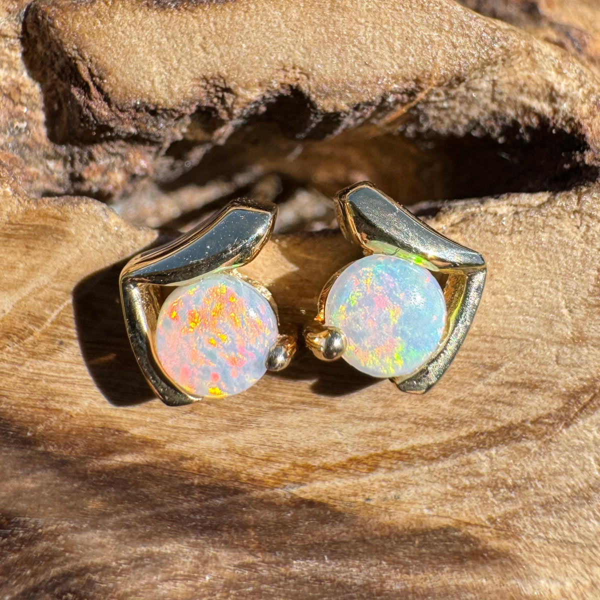 0.5ct Coober Pedy Opal Stud Earrings ~ 'Deua Prism' | 14ct Yellow Gold | Solid Australian Opal