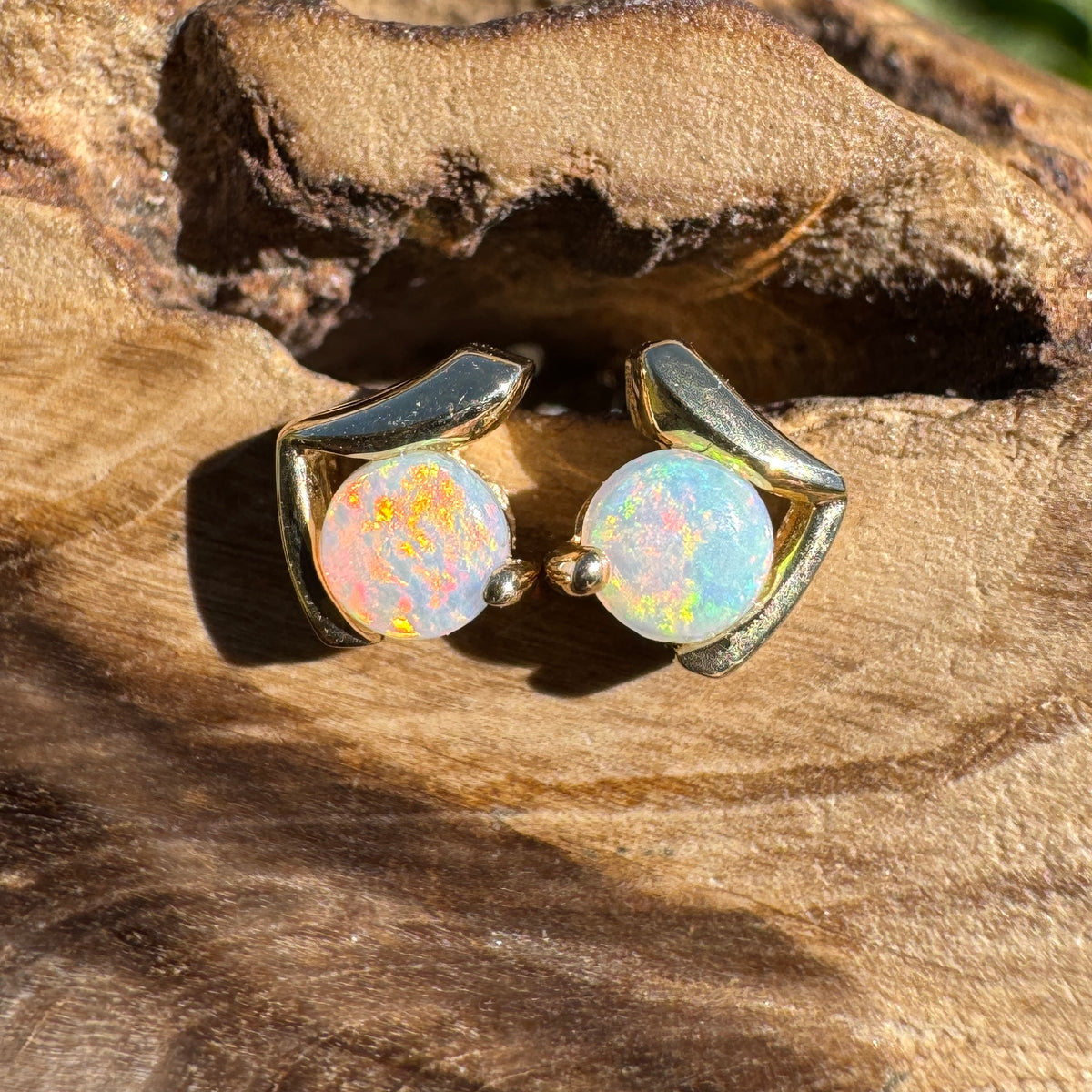 0.5ct Coober Pedy Opal Stud Earrings ~ 'Deua Prism' | 14ct Yellow Gold | Solid Australian Opal