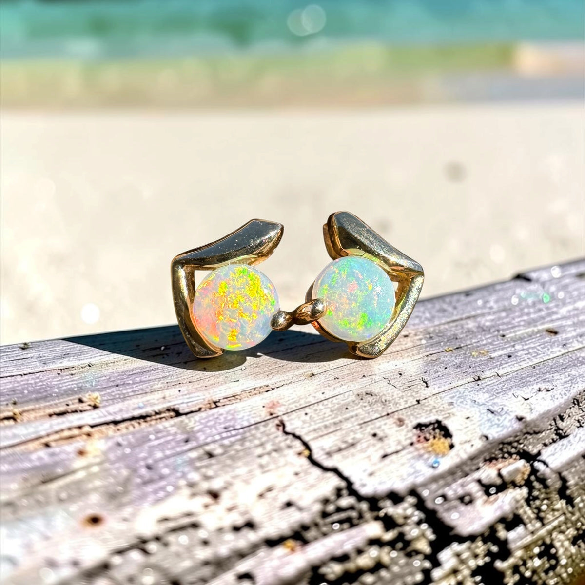 0.5ct Coober Pedy Opal Stud Earrings ~ 'Deua Prism' | 14ct Yellow Gold | Solid Australian Opal