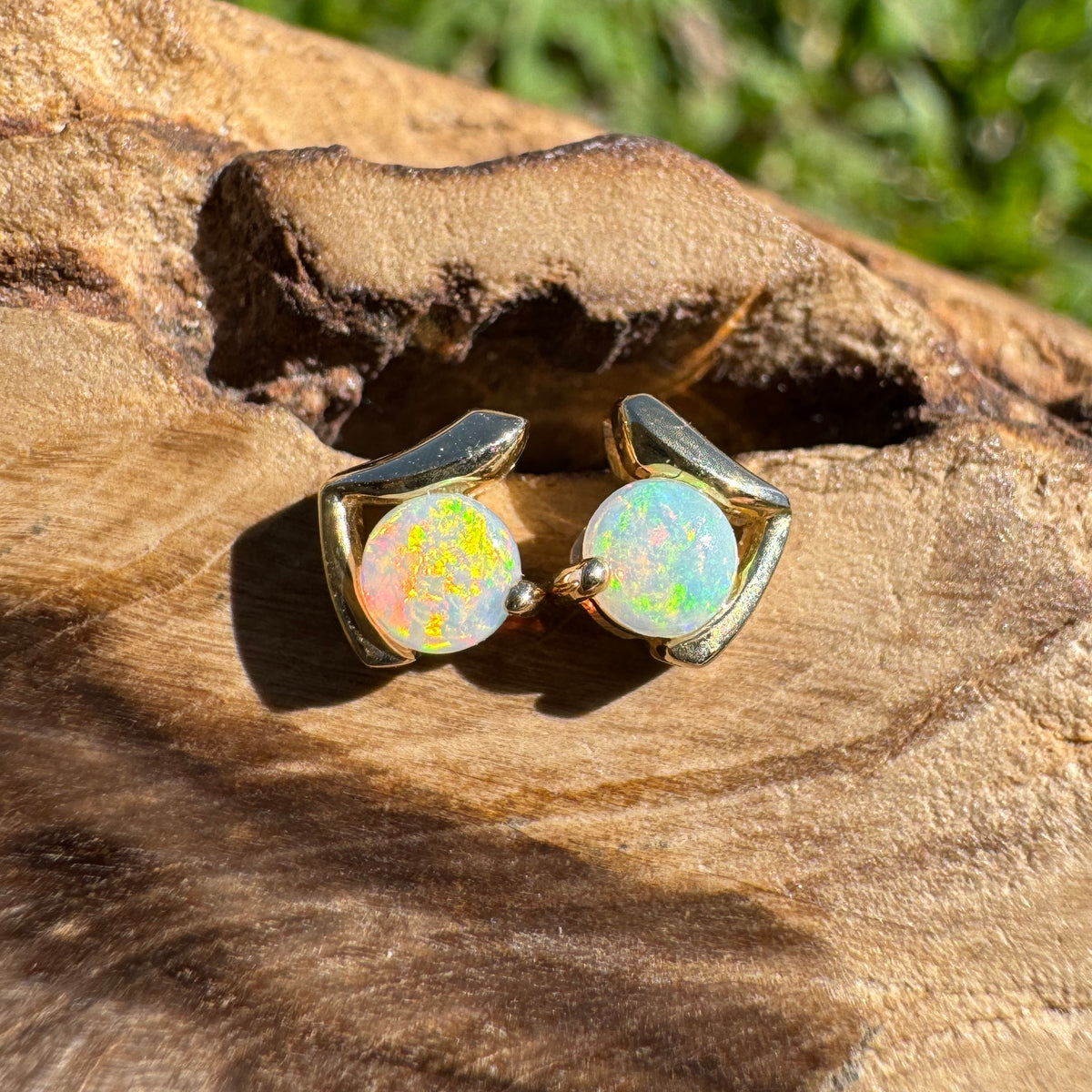 0.5ct Coober Pedy Opal Stud Earrings ~ 'Deua Prism' | 14ct Yellow Gold | Solid Australian Opal