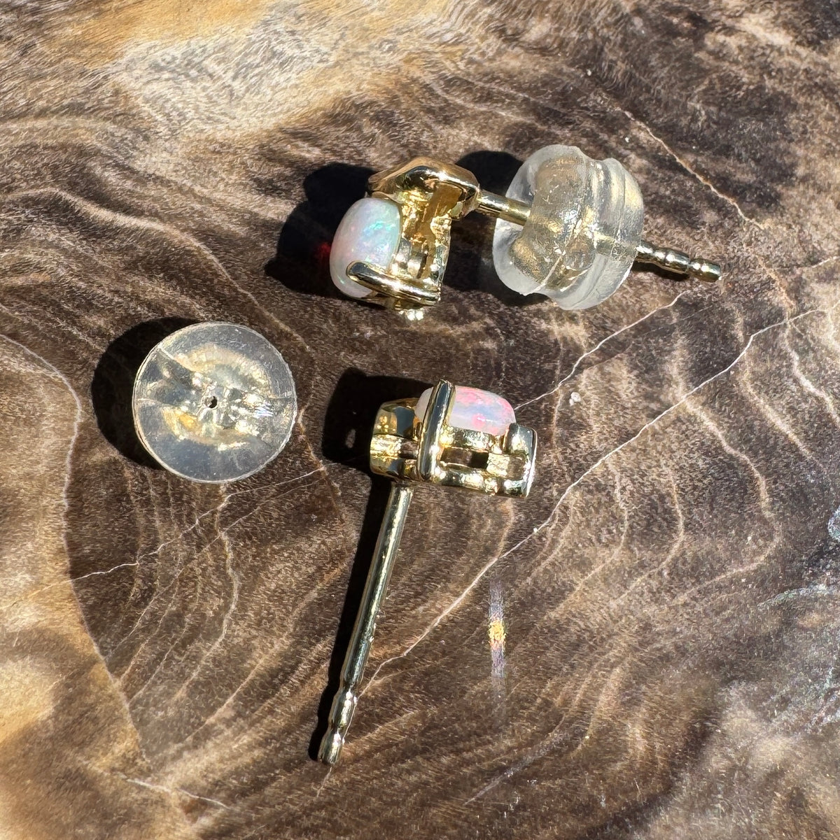0.5ct Coober Pedy Opal Stud Earrings ~ 'Deua Prism' | 14ct Yellow Gold | Solid Australian Opal
