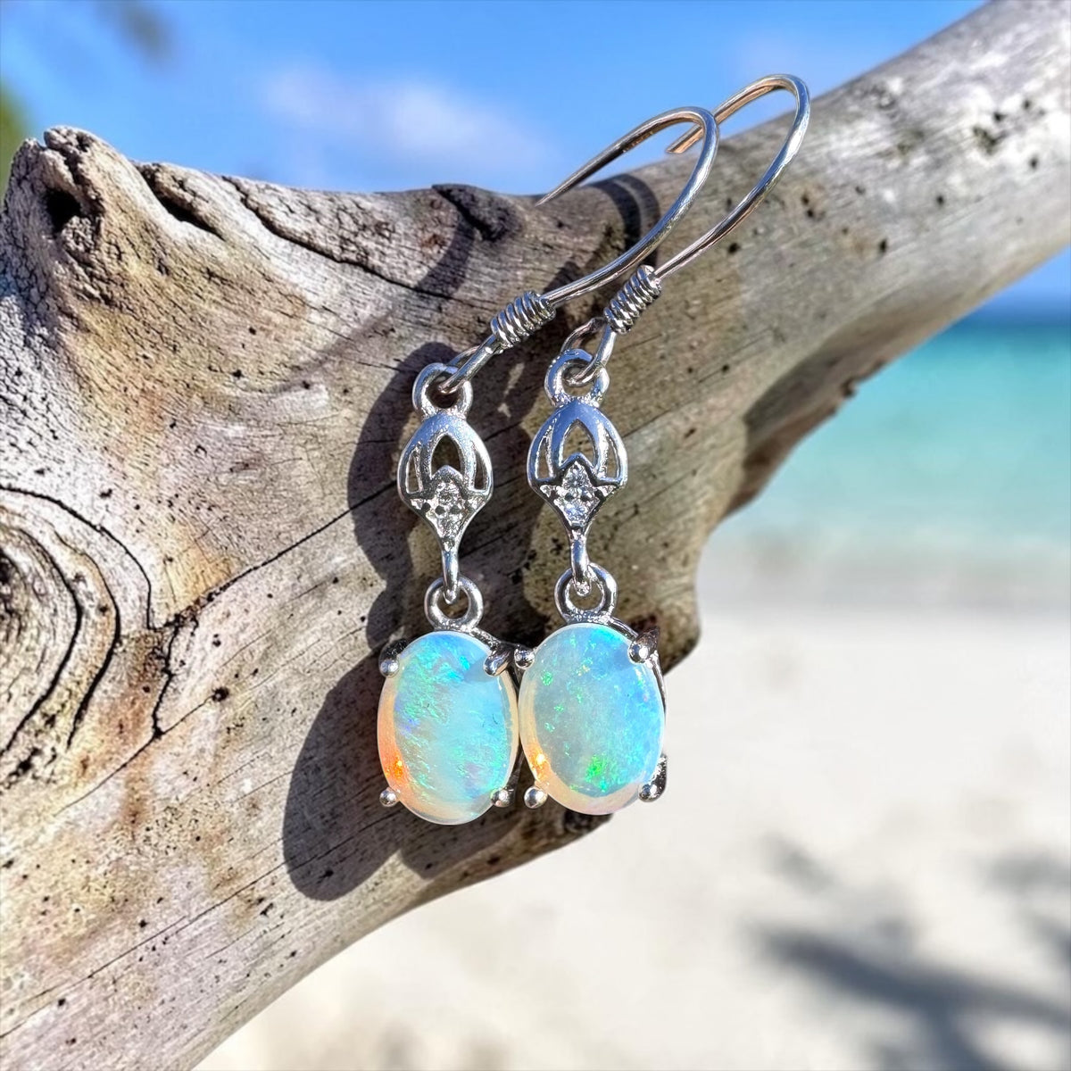 1.2ct Coober Pedy Crystal Opal & Cubic Zirconia Hook Earrings ~ 'Purling Brook Drops' | 925 Sterling Silver | Solid Australian Opal