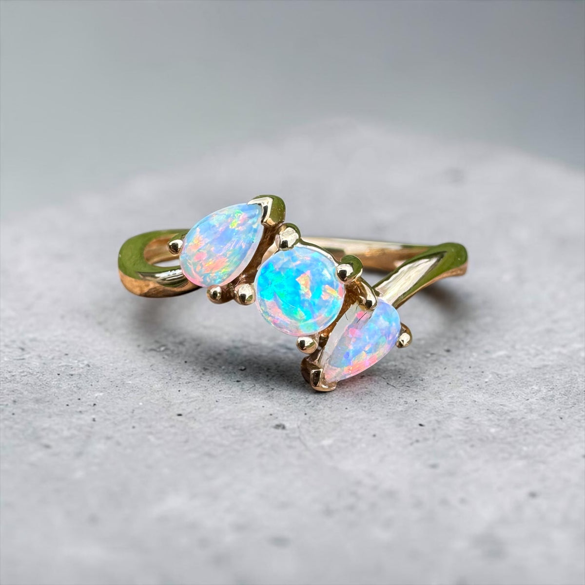 0.4ct Lightning Ridge Opal Ring ~ 'Tamar Valley Trio' | 14ct Yellow Gold | Solid Australian Opal