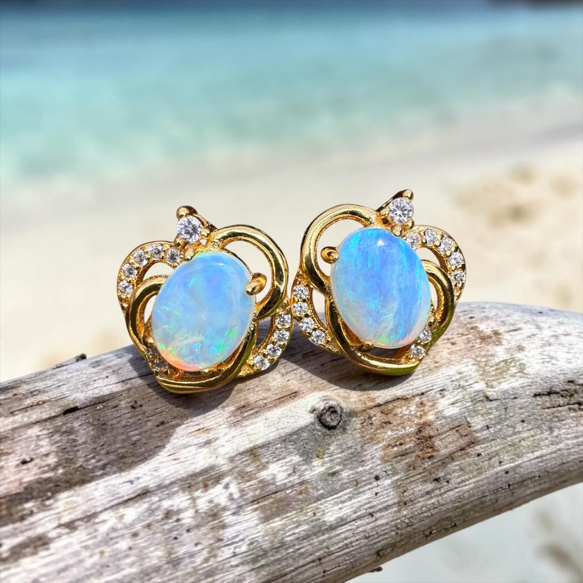 1.3ct Lightning Ridge Opal & Cubic Zirconia Stud Earrings ~ 'Bruny Island Blues' | Yellow Gold Coated 925 Sterling Silver | Solid Australian Opal