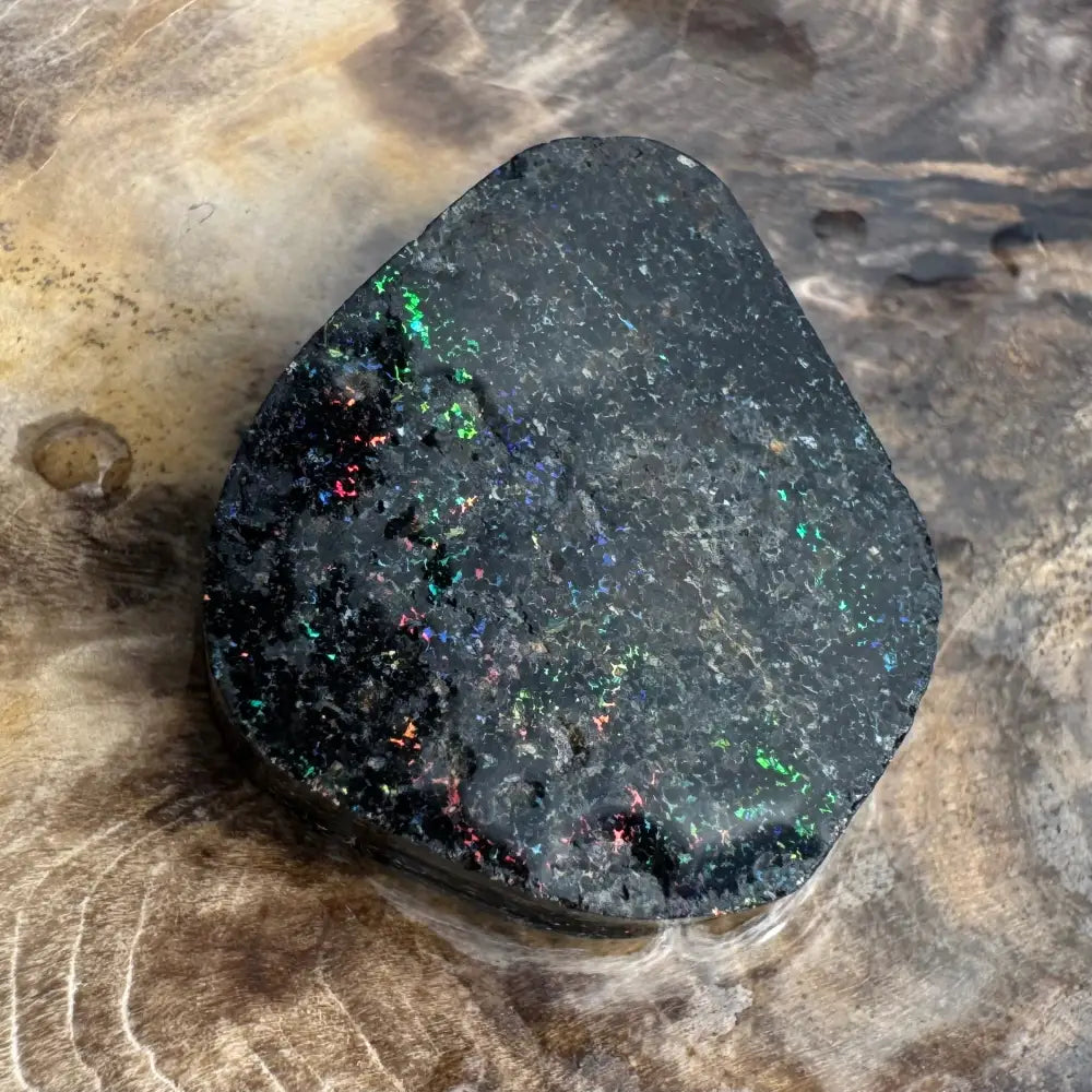 Polished black opal with vibrant colorful flecks from Andamooka Matrix Opal 22carat solid hand-cut