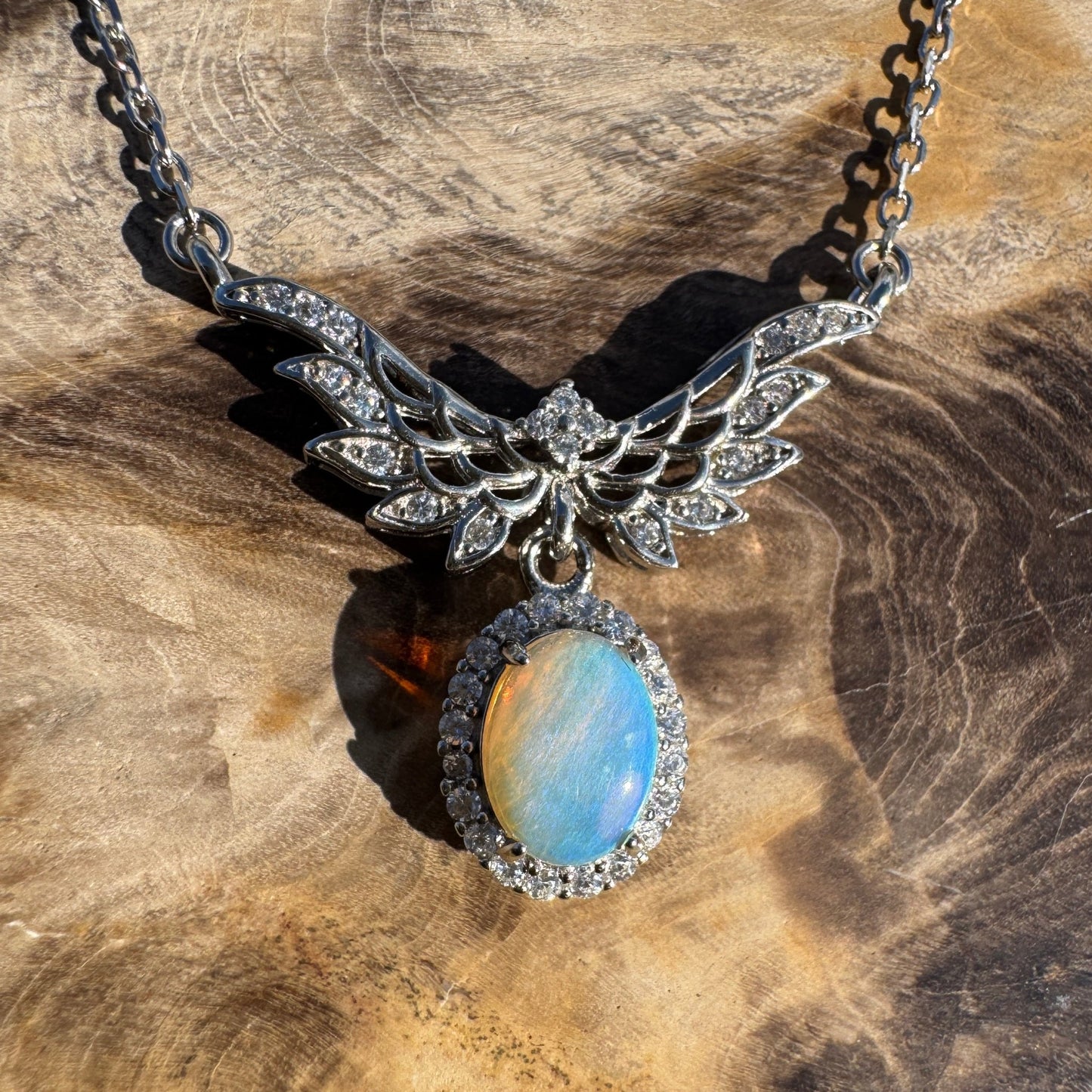 Angels Fly Free ~ 1.1ct Solid Lightning Ridge and Cubic Zirconia 925 Sterling Silver Necklace