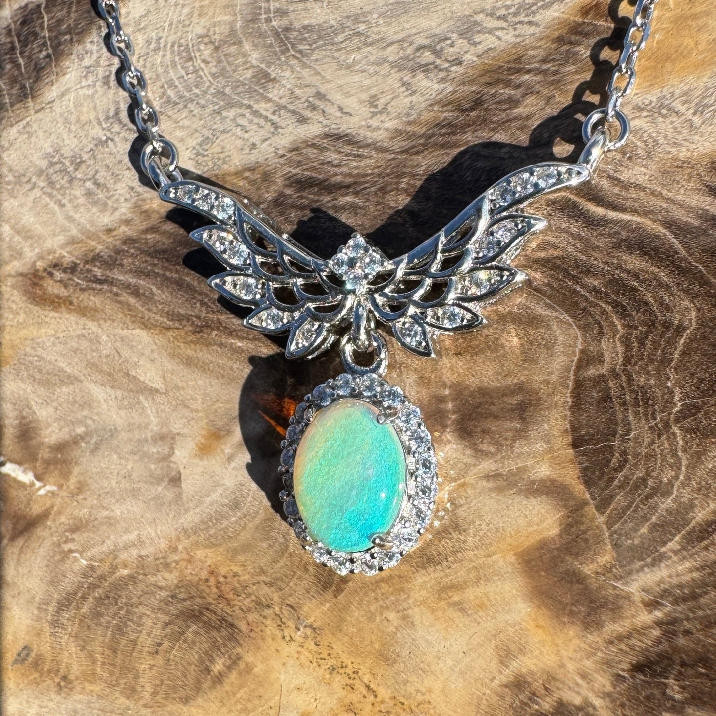 Angels Fly Free ~ 1.1ct Solid Lightning Ridge and Cubic Zirconia 925 Sterling Silver Necklace