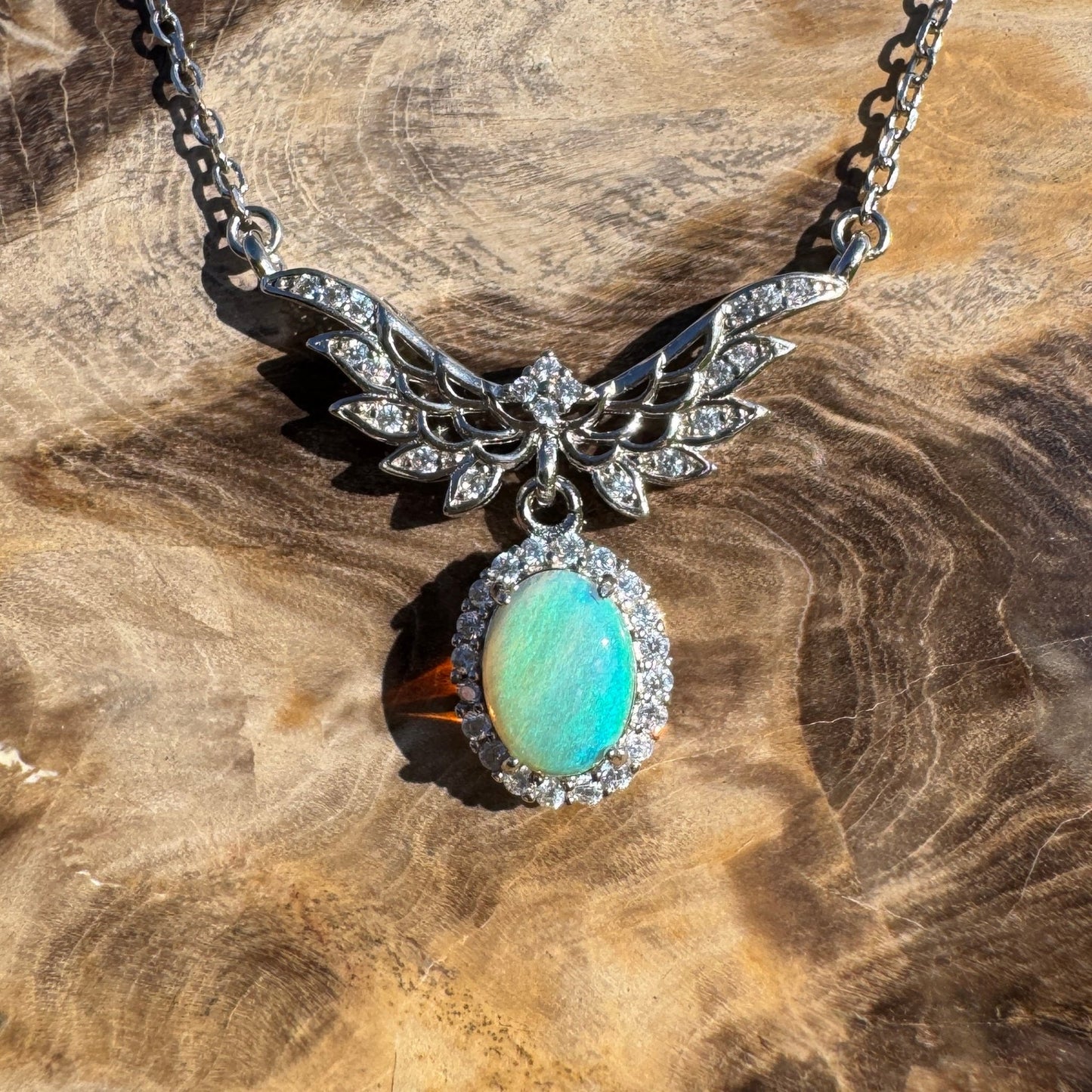 Angels Fly Free ~ 1.1ct Solid Lightning Ridge and Cubic Zirconia 925 Sterling Silver Necklace