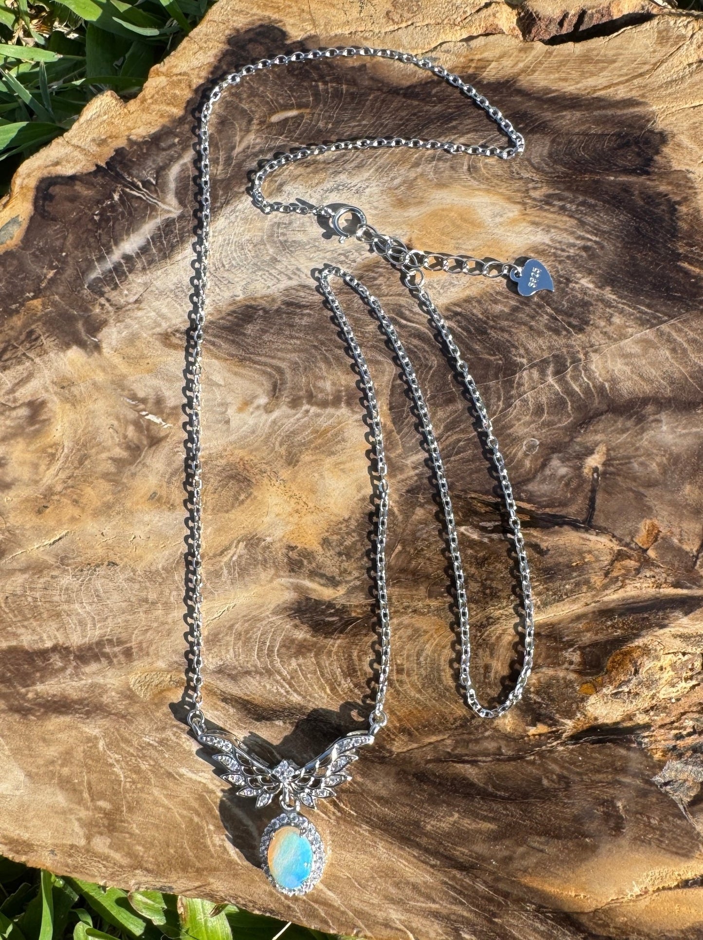 Angels Fly Free ~ 1.1ct Solid Lightning Ridge and Cubic Zirconia 925 Sterling Silver Necklace