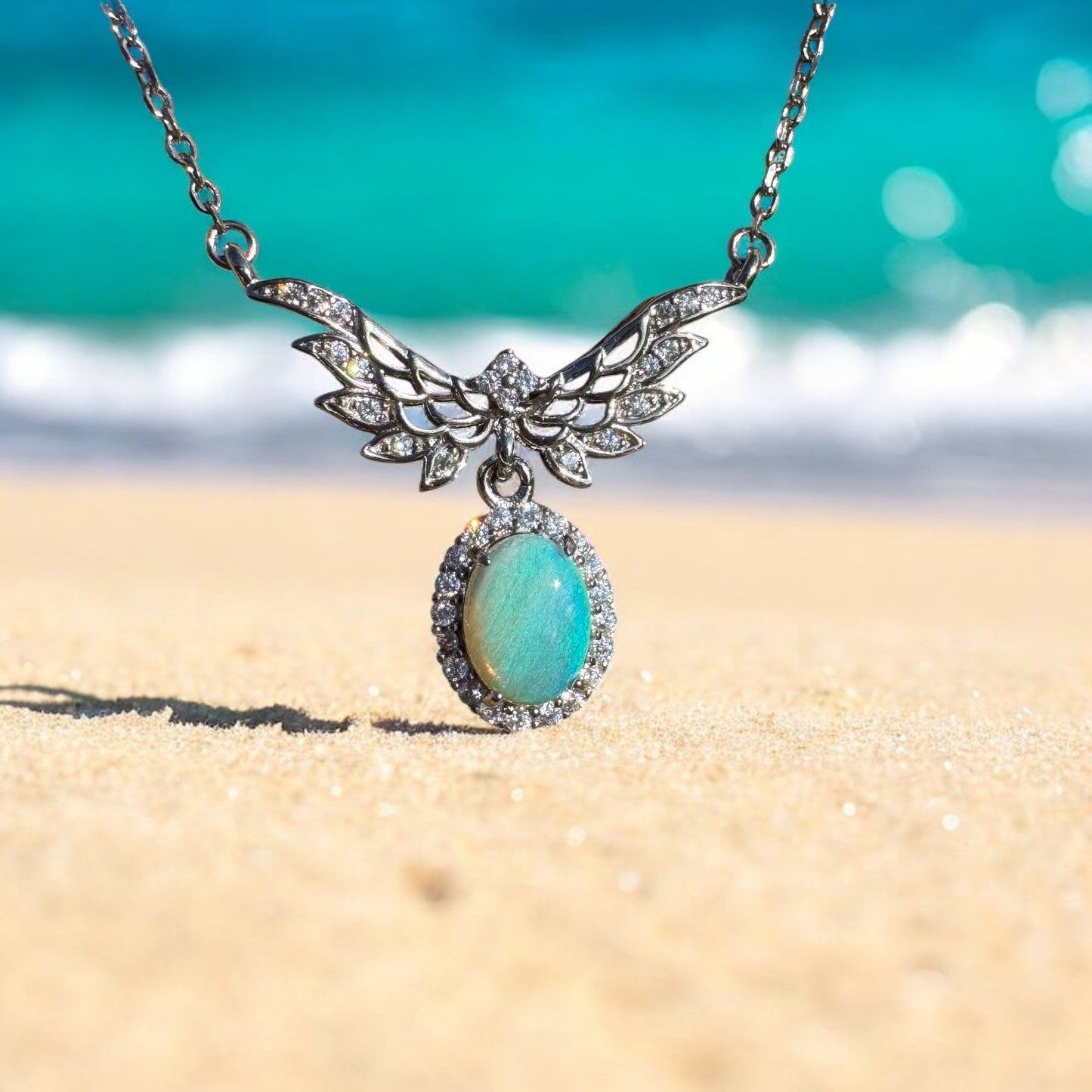 Angels Fly Free ~ 1.1ct Solid Lightning Ridge and Cubic Zirconia 925 Sterling Silver Necklace