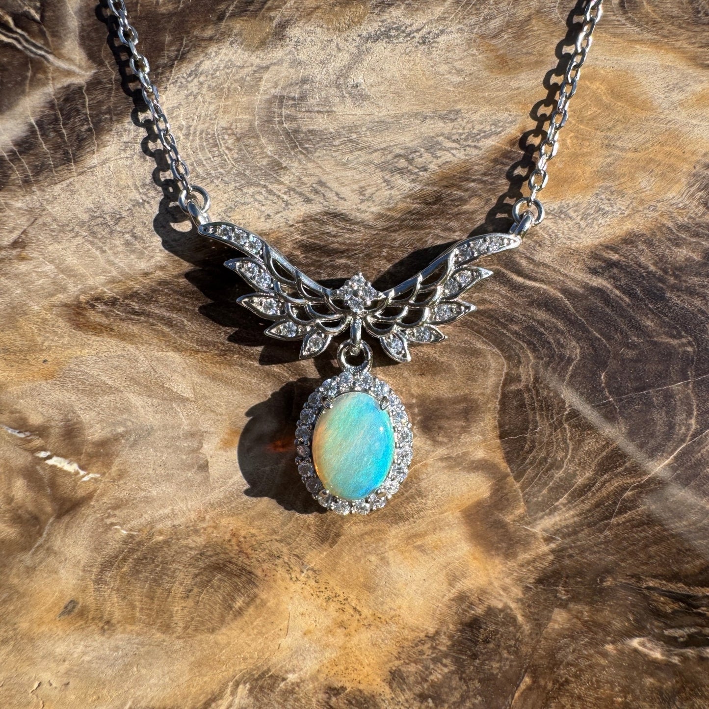 Angels Fly Free ~ 1.1ct Solid Lightning Ridge and Cubic Zirconia 925 Sterling Silver Necklace