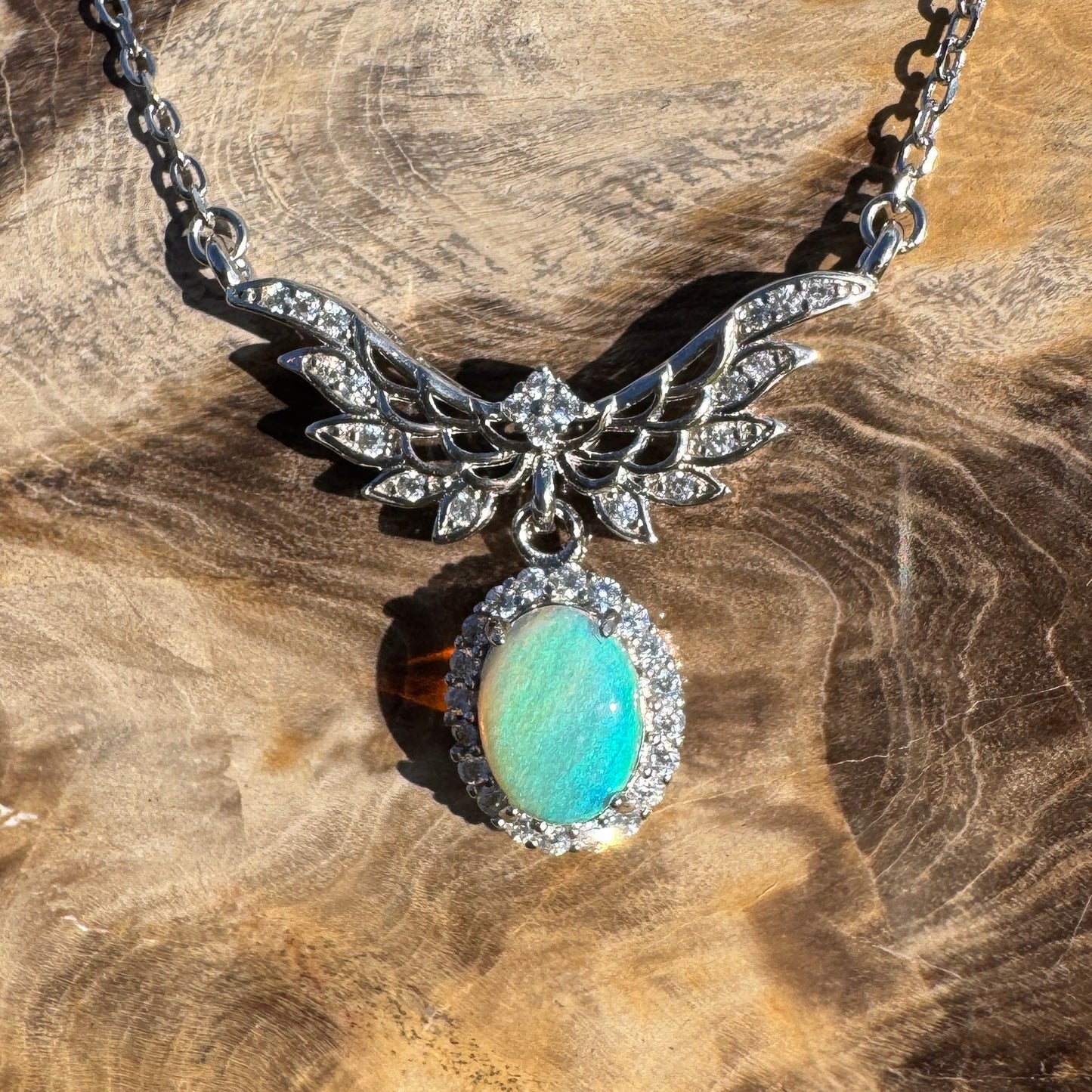 Angels Fly Free ~ 1.1ct Solid Lightning Ridge and Cubic Zirconia 925 Sterling Silver Necklace