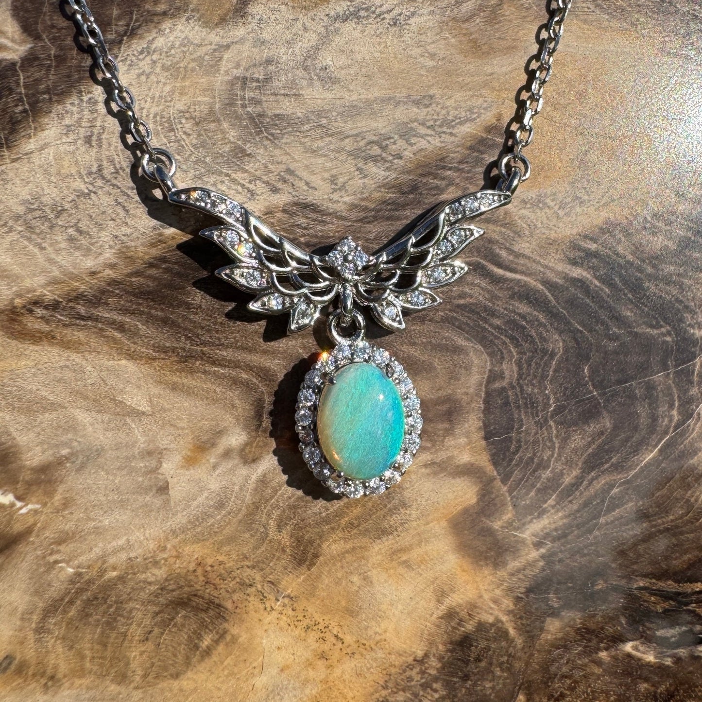 Angels Fly Free ~ 1.1ct Solid Lightning Ridge and Cubic Zirconia 925 Sterling Silver Necklace