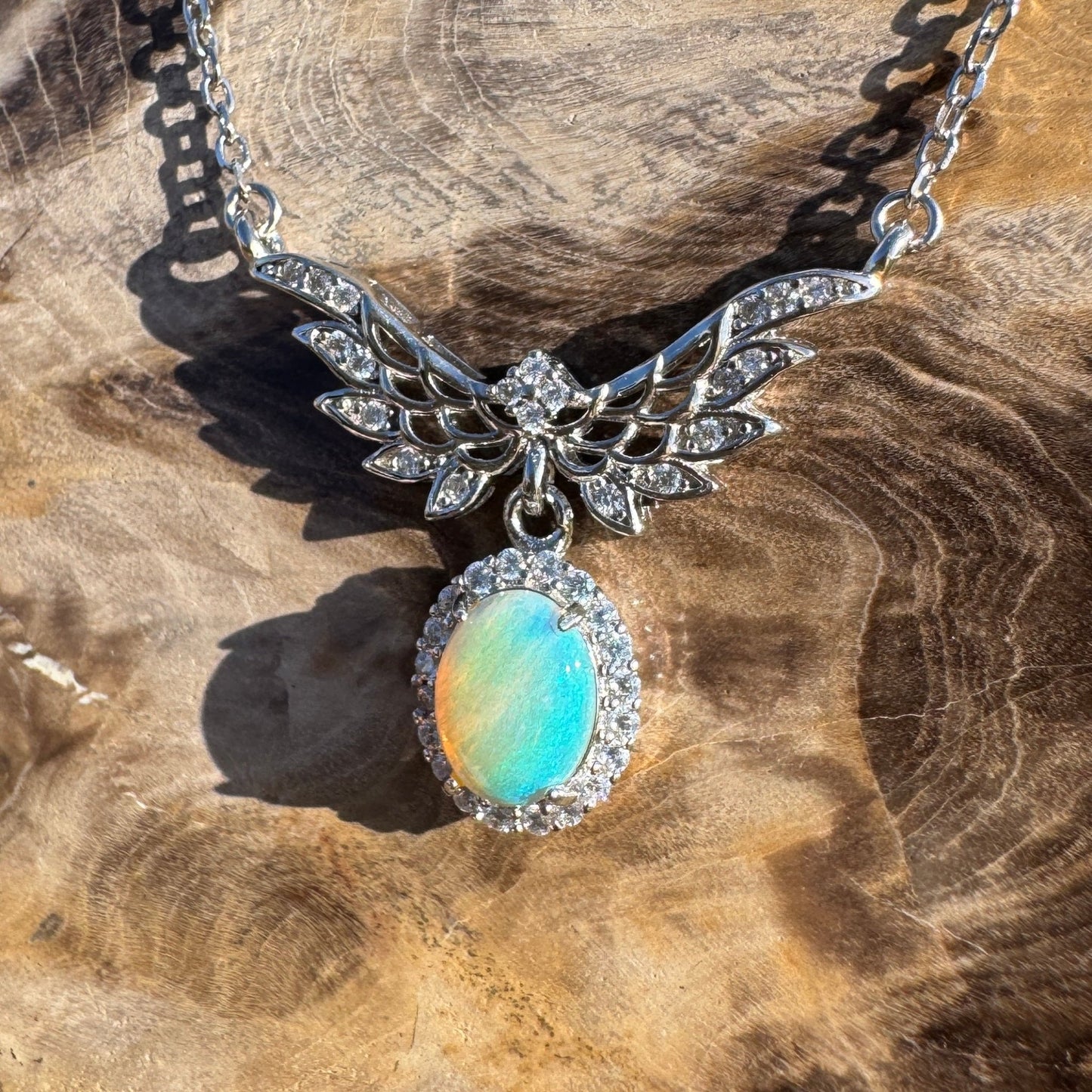 Angels Fly Free ~ 1.1ct Solid Lightning Ridge and Cubic Zirconia 925 Sterling Silver Necklace