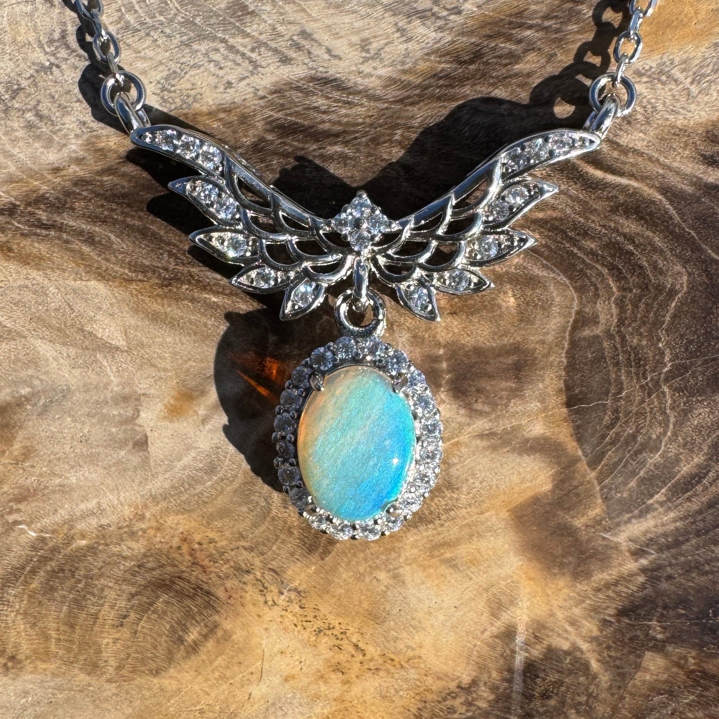 Angels Fly Free ~ 1.1ct Solid Lightning Ridge and Cubic Zirconia 925 Sterling Silver Necklace