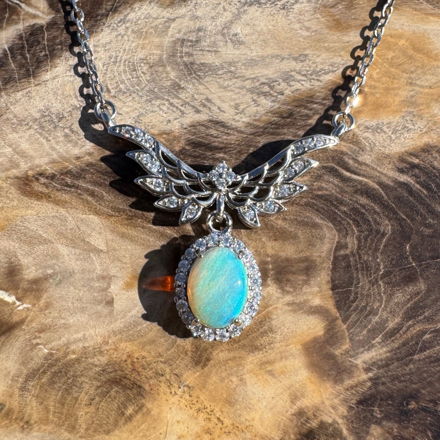 Angels Fly Free ~ 1.1ct Solid Lightning Ridge and Cubic Zirconia 925 Sterling Silver Necklace