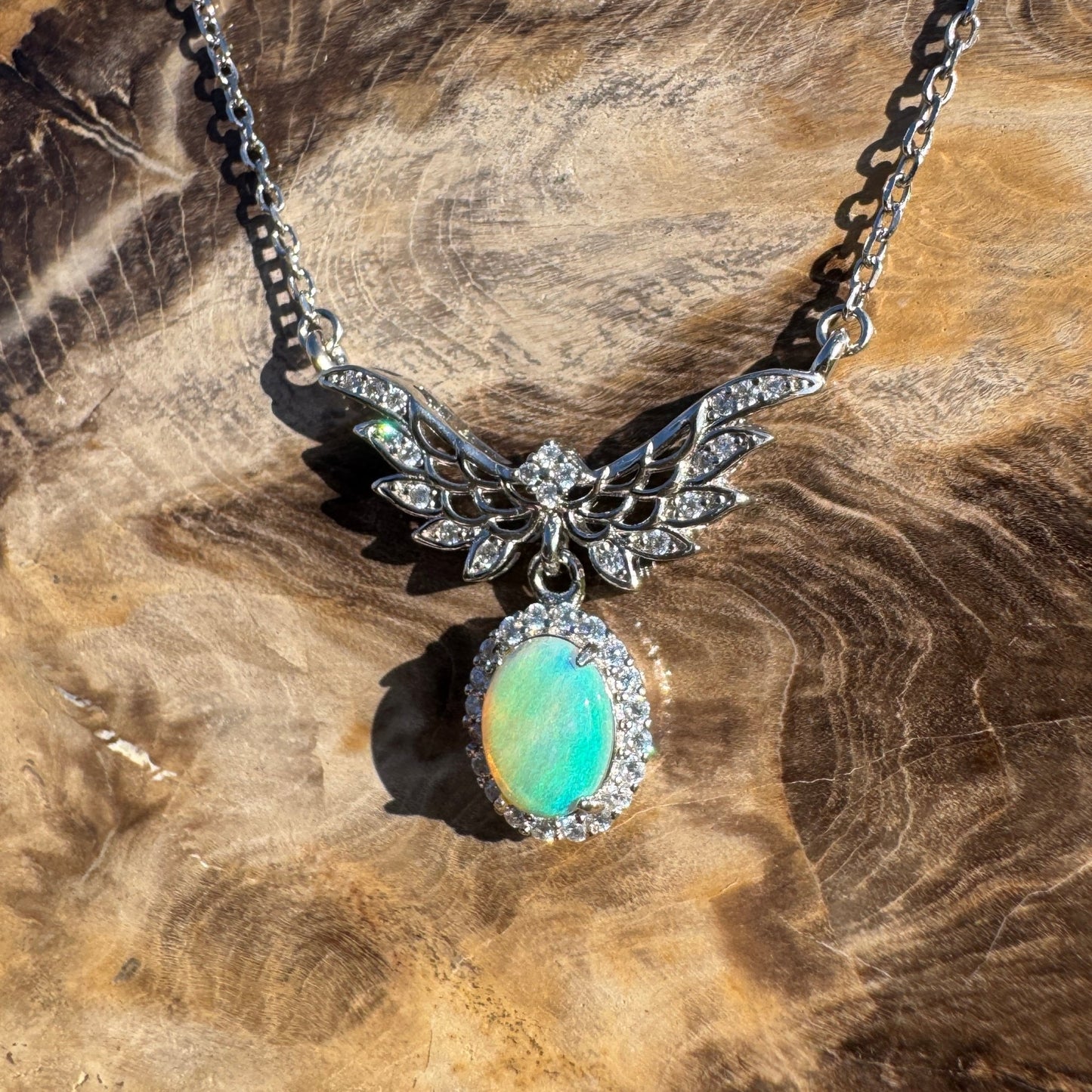 Angels Fly Free ~ 1.1ct Solid Lightning Ridge and Cubic Zirconia 925 Sterling Silver Necklace