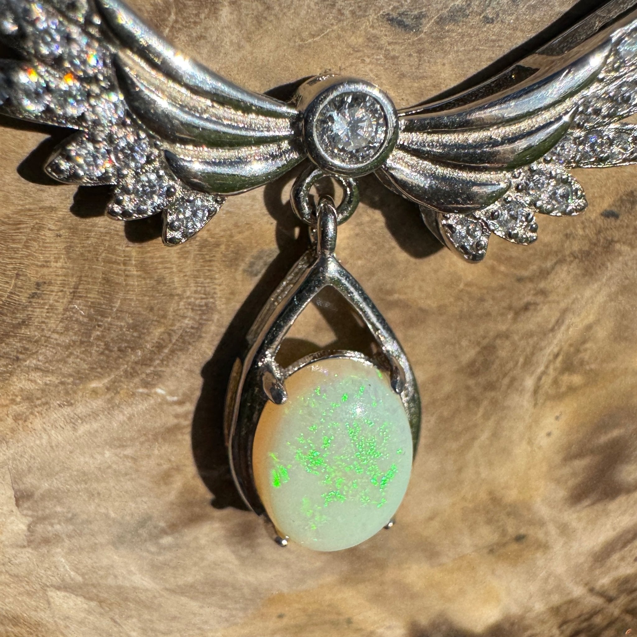 Angels Nature Radiance ~ 1.3ct Solid Coober Pedy Opal and Cubic Zirconia 925 Sterling Silver Necklace