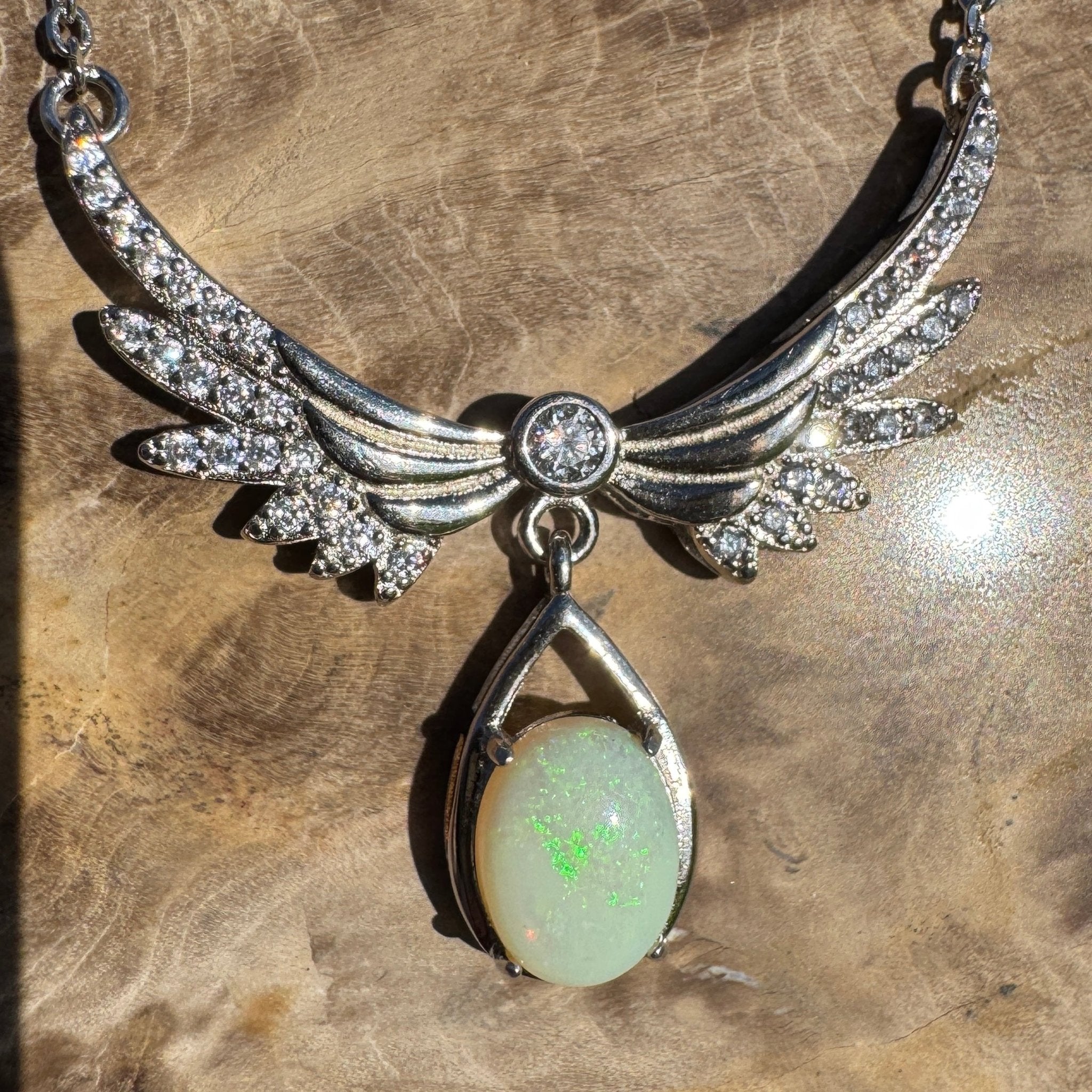 Angels Nature Radiance ~ 1.3ct Solid Coober Pedy Opal and Cubic Zirconia 925 Sterling Silver Necklace