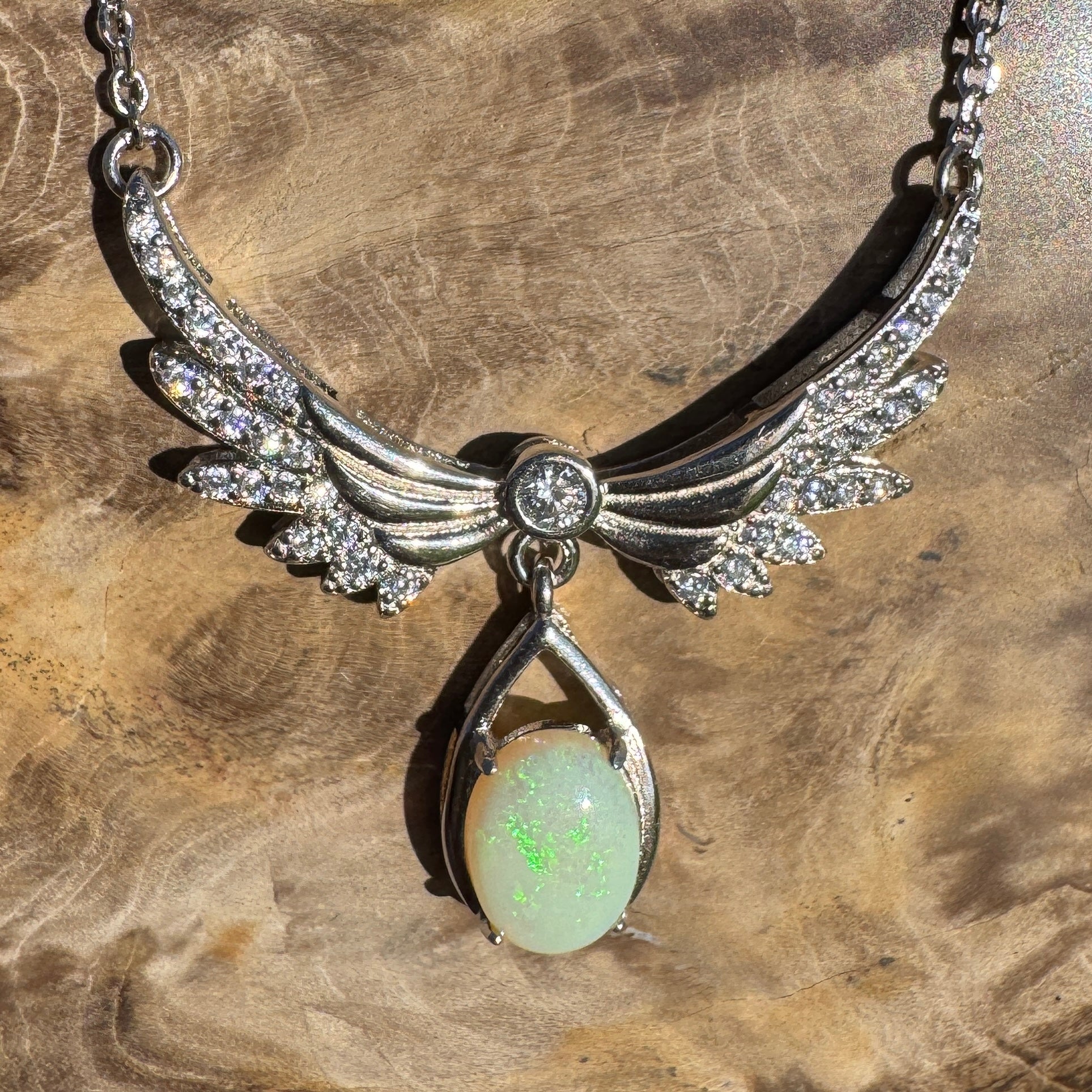 Angels Nature Radiance ~ 1.3ct Solid Coober Pedy Opal and Cubic Zirconia 925 Sterling Silver Necklace