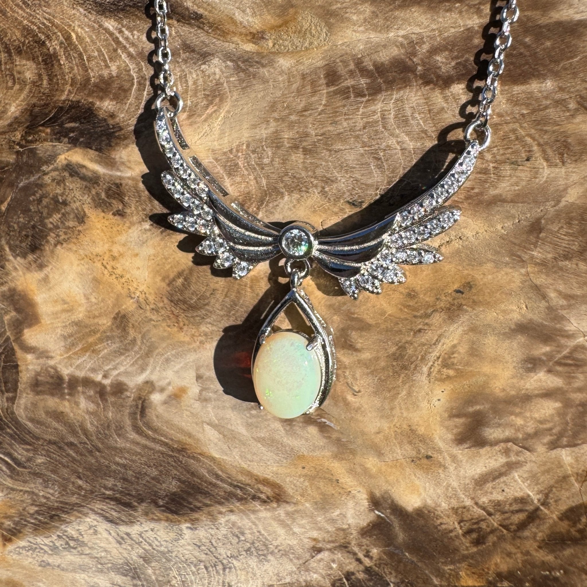 Angels Nature Radiance ~ 1.3ct Solid Coober Pedy Opal and Cubic Zirconia 925 Sterling Silver Necklace