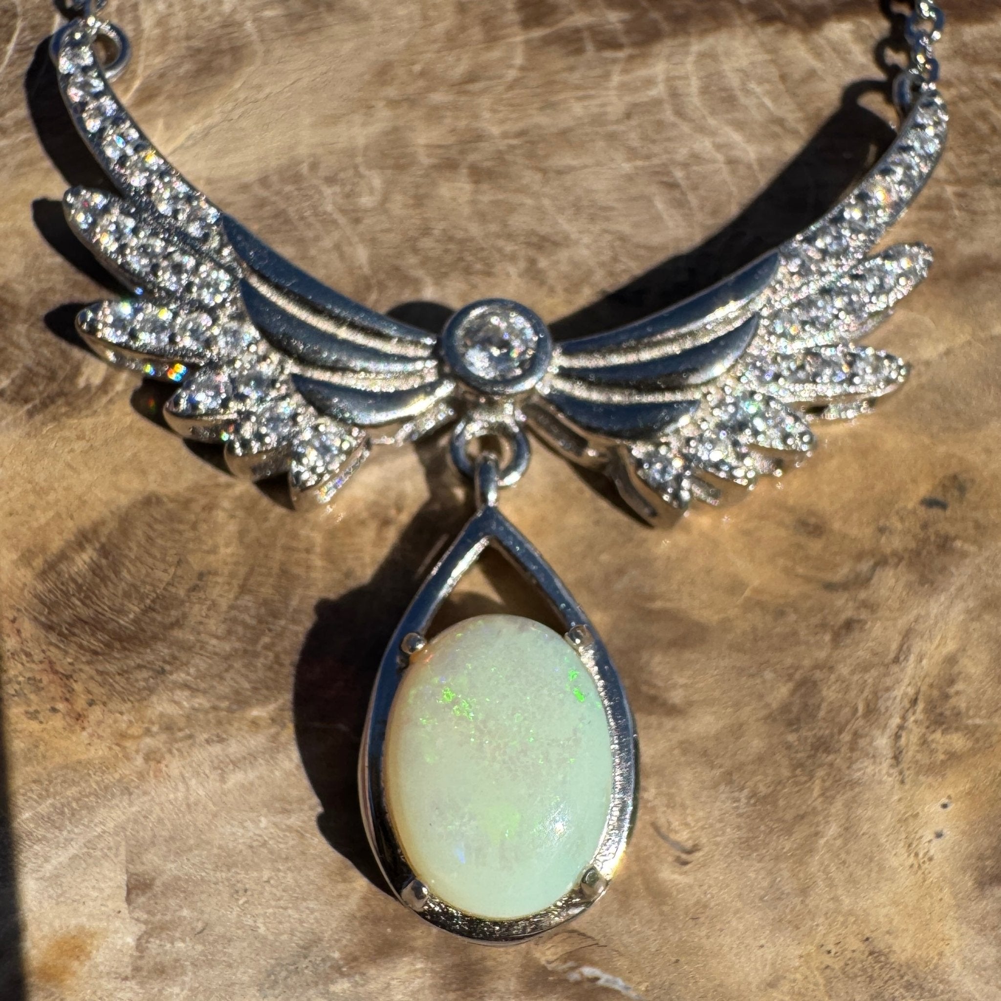 Angels Nature Radiance ~ 1.3ct Solid Coober Pedy Opal and Cubic Zirconia 925 Sterling Silver Necklace