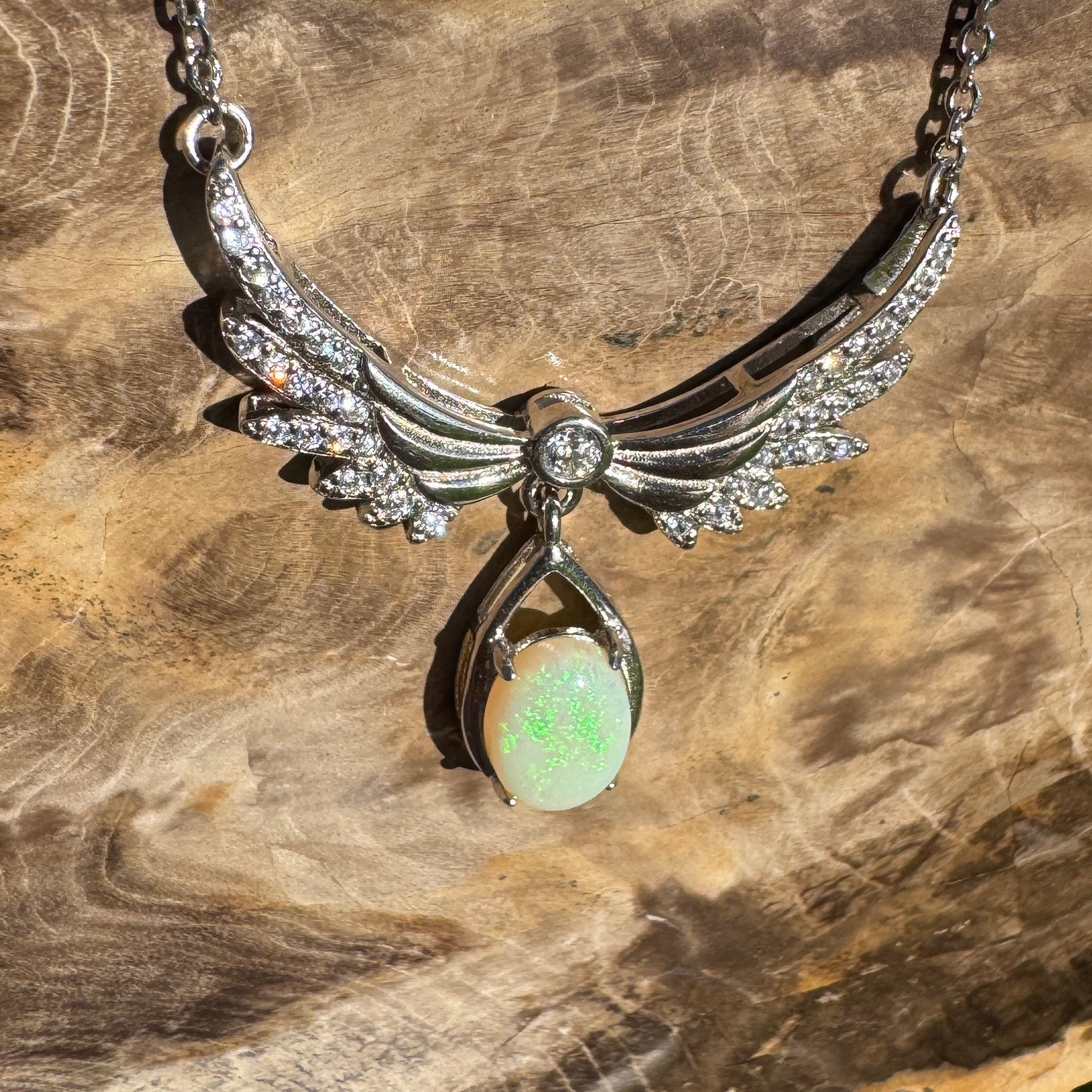 Angels Nature Radiance ~ 1.3ct Solid Coober Pedy Opal and Cubic Zirconia 925 Sterling Silver Necklace
