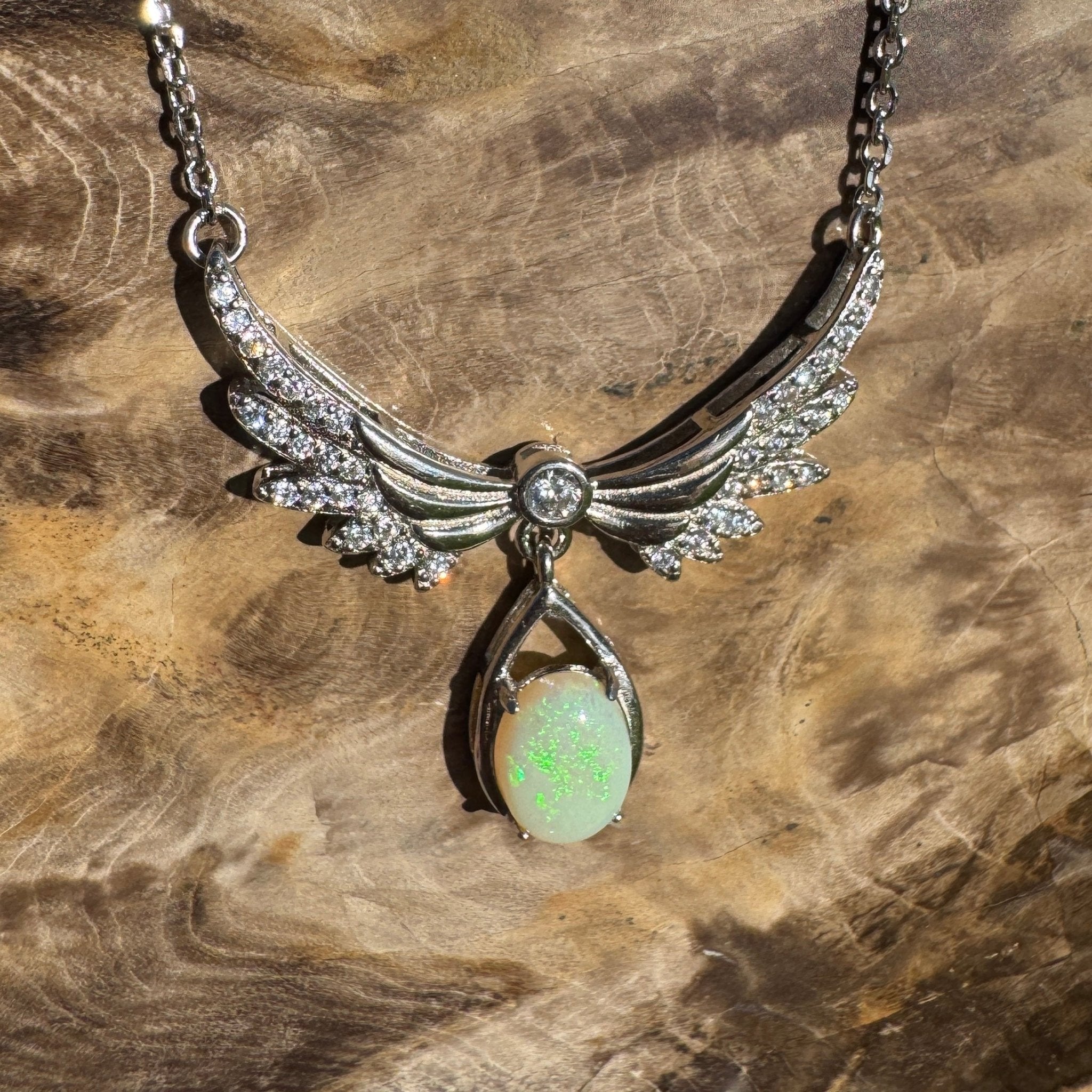 Angels Nature Radiance ~ 1.3ct Solid Coober Pedy Opal and Cubic Zirconia 925 Sterling Silver Necklace