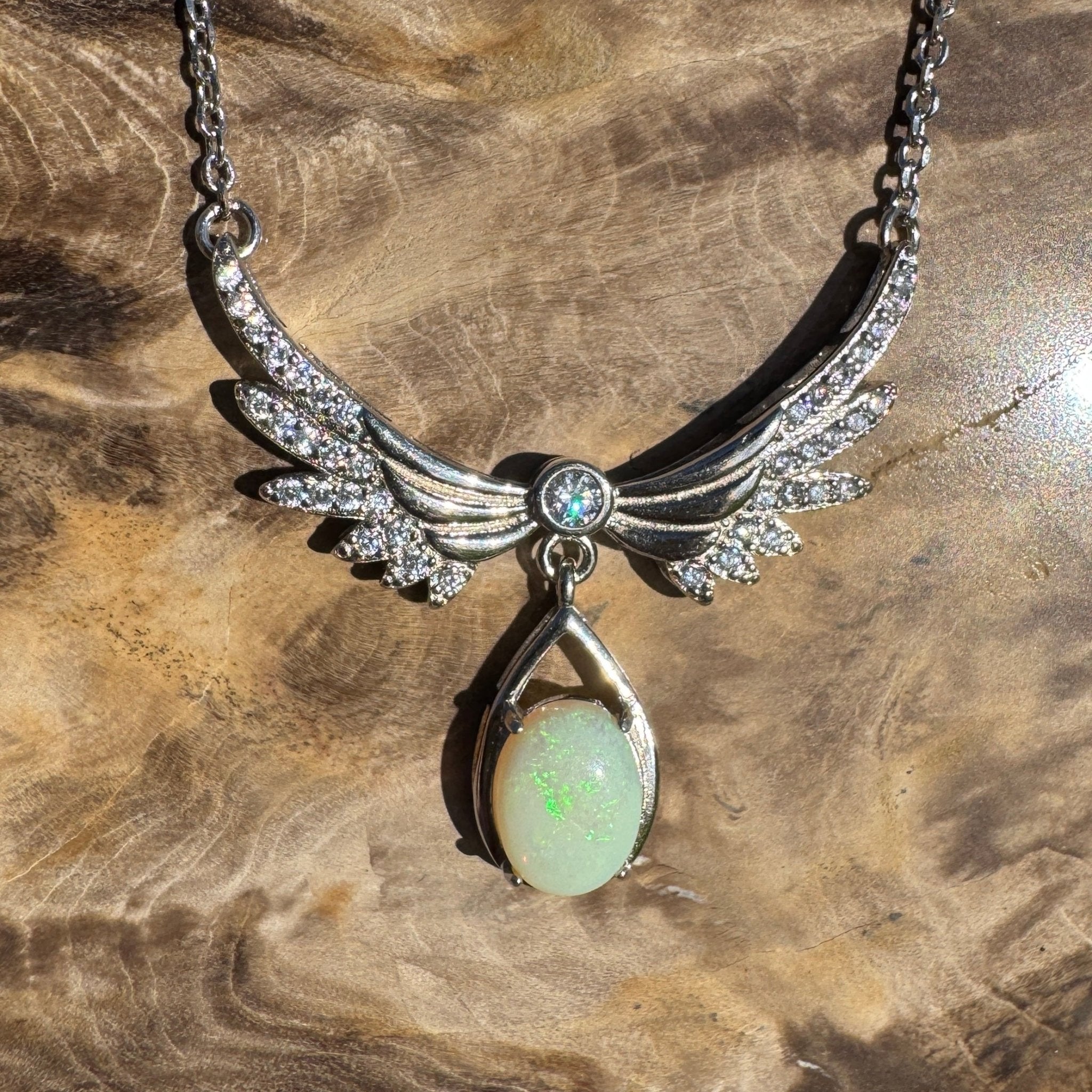 Angels Nature Radiance ~ 1.3ct Solid Coober Pedy Opal and Cubic Zirconia 925 Sterling Silver Necklace