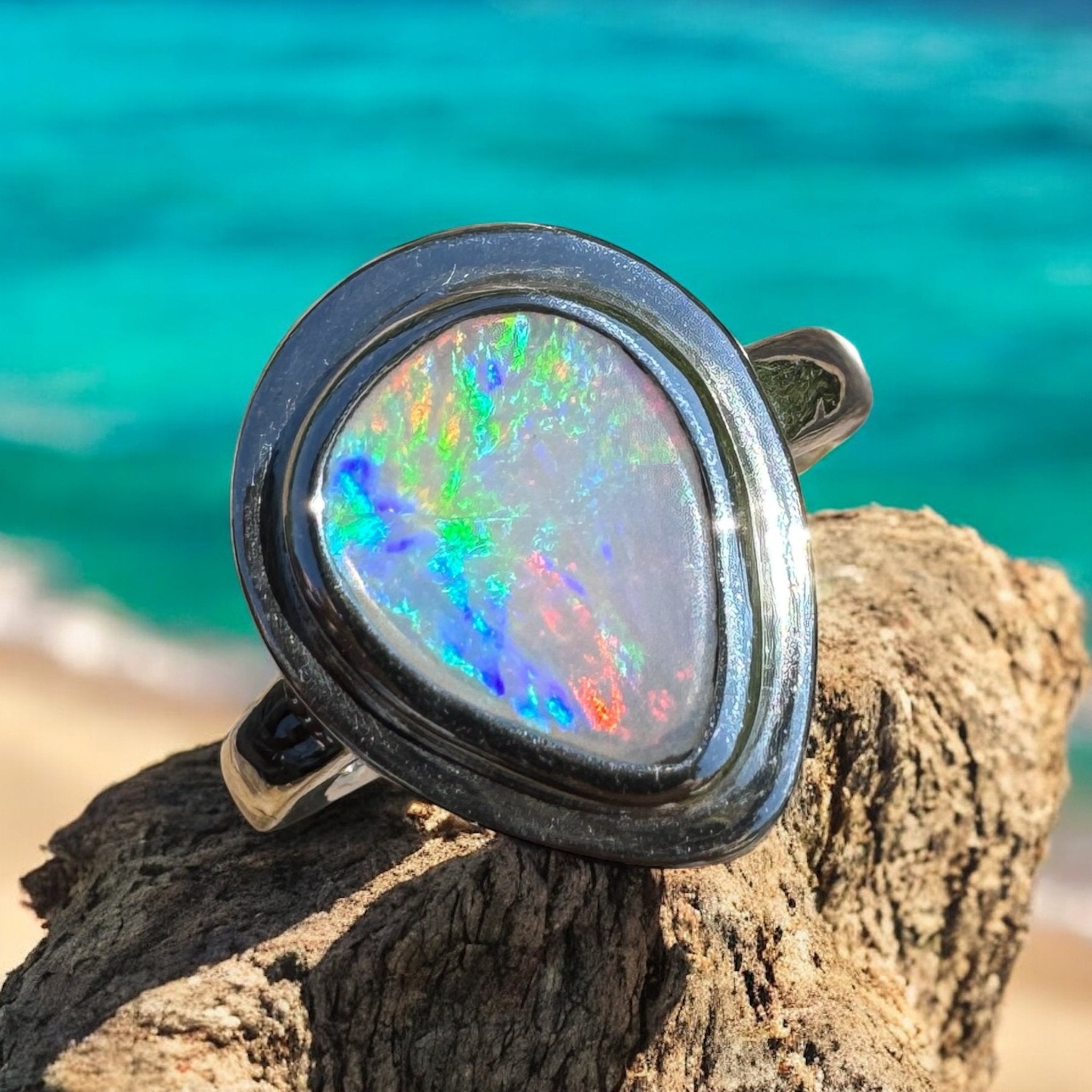 Aurora Fire ~ 1.7ct Coober Pedy Solid Light Opal Ring – Sterling Silver Flow