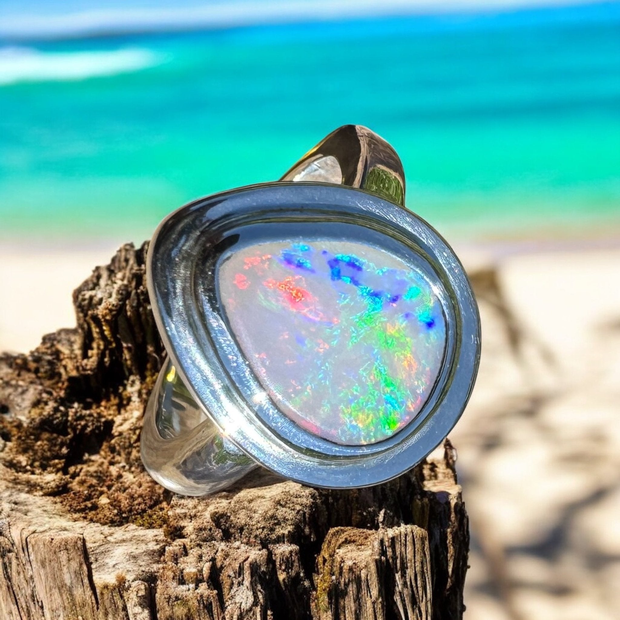 Aurora Fire ~ 1.7ct Coober Pedy Solid Light Opal Ring – Sterling Silver Flow