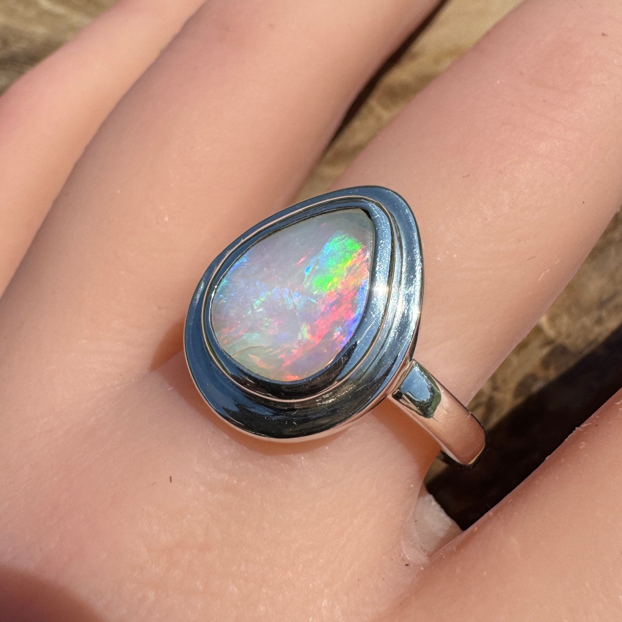 Aurora Fire ~ 1.7ct Coober Pedy Solid Light Opal Ring – Sterling Silver Flow