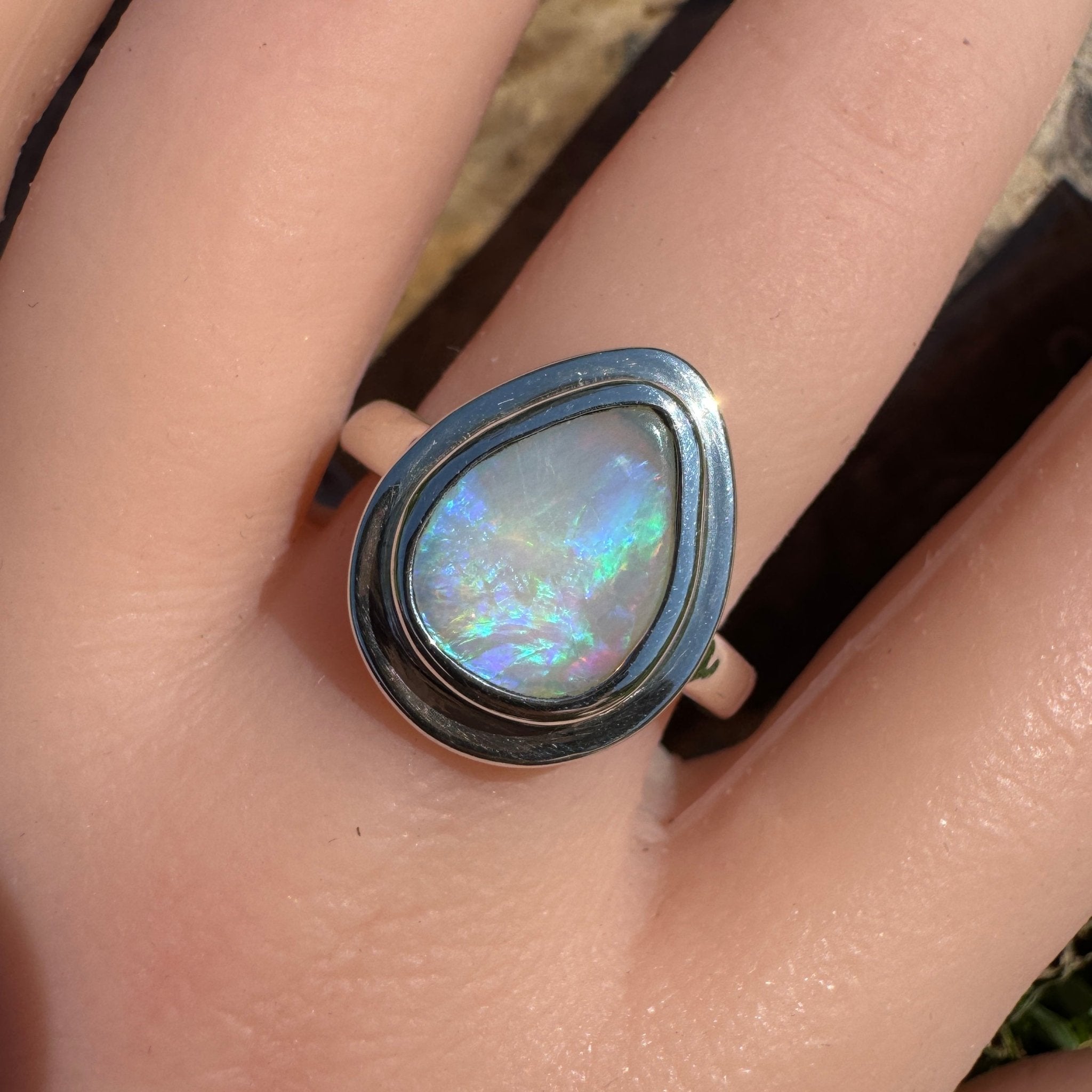 Aurora Fire ~ 1.7ct Coober Pedy Solid Light Opal Ring – Sterling Silver Flow