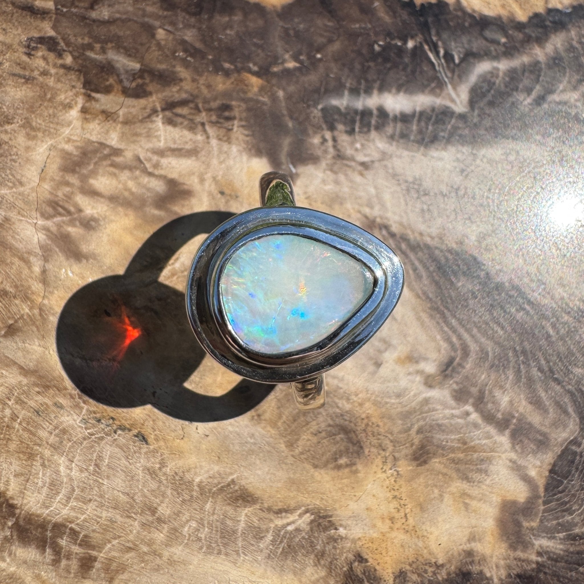 Aurora Fire ~ 1.7ct Coober Pedy Solid Light Opal Ring – Sterling Silver Flow