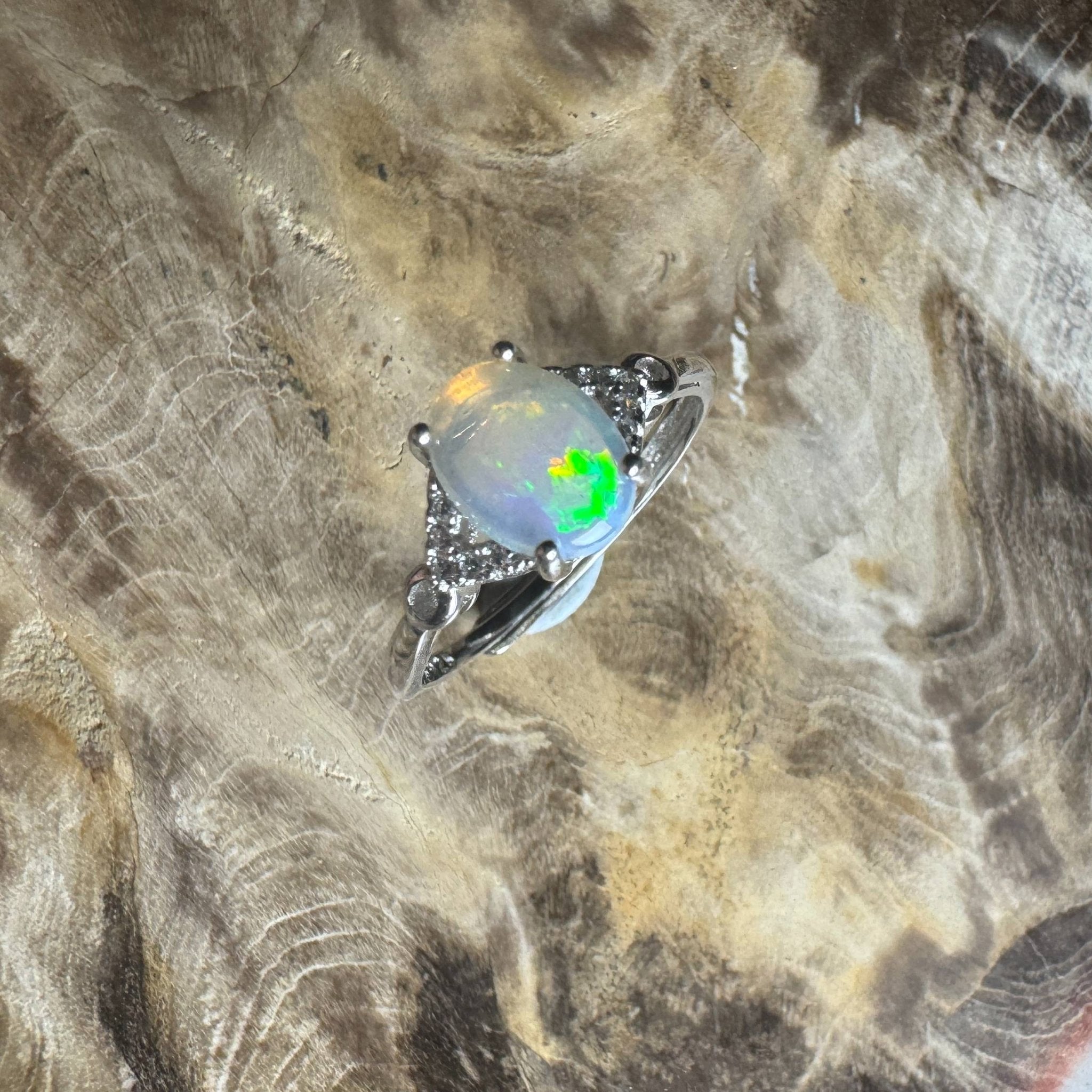 Barossa Valley Charm ~ 0.8ct Solid Lightning Ridge Opal and Cubic Zirconia 925 Silver Ring