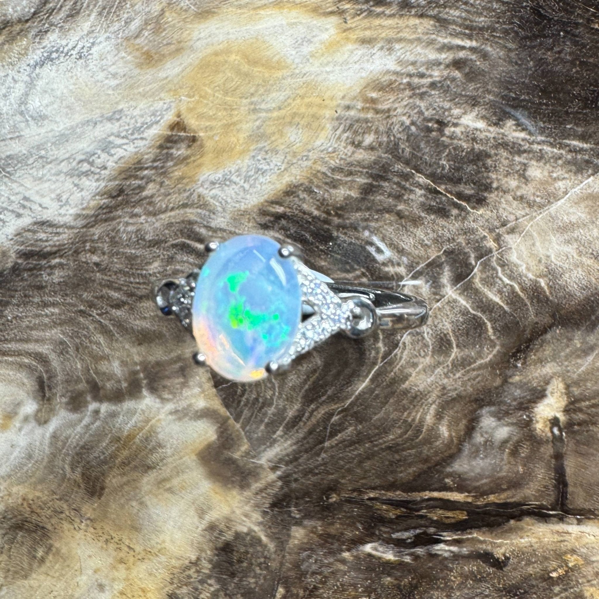 Barossa Valley Charm ~ 0.8ct Solid Lightning Ridge Opal and Cubic Zirconia 925 Silver Ring