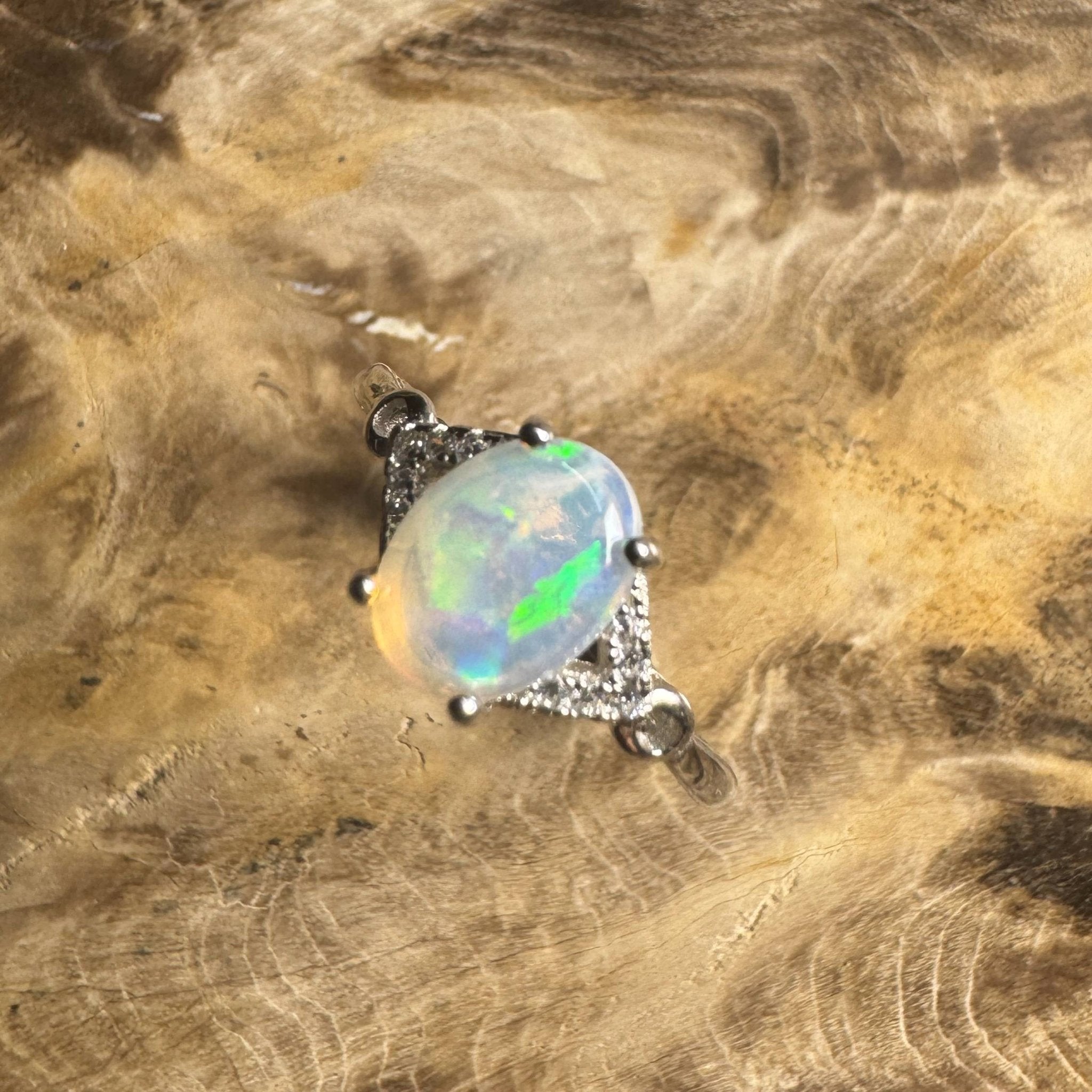 Barossa Valley Charm ~ 0.8ct Solid Lightning Ridge Opal and Cubic Zirconia 925 Silver Ring