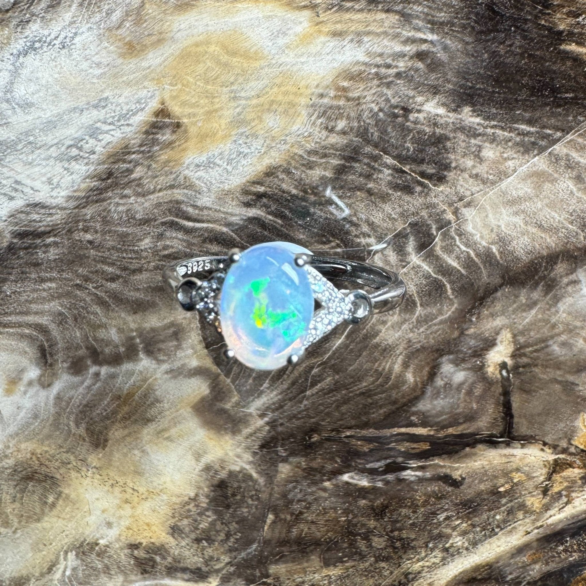 Barossa Valley Charm ~ 0.8ct Solid Lightning Ridge Opal and Cubic Zirconia 925 Silver Ring