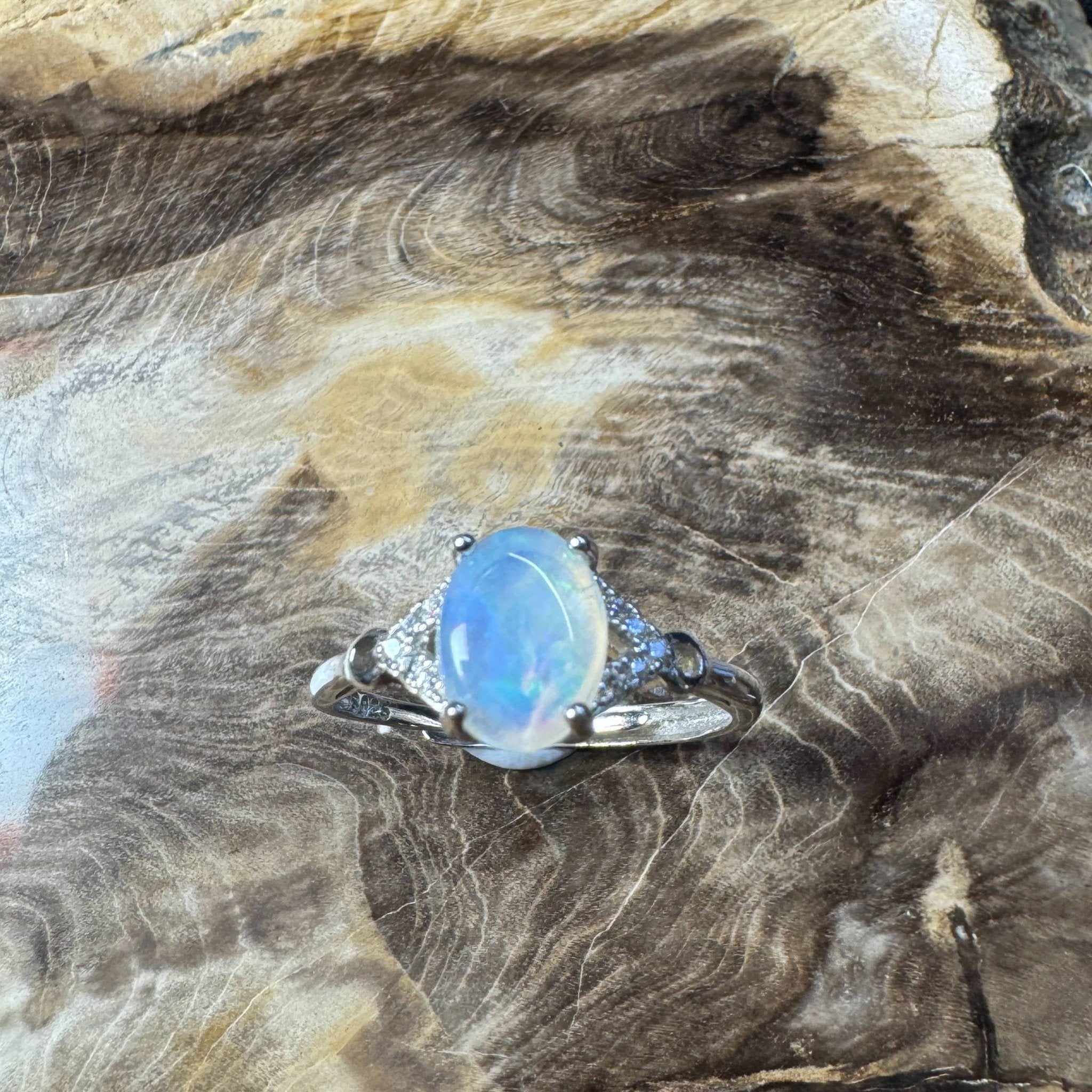 Barossa Valley Charm ~ 0.8ct Solid Lightning Ridge Opal and Cubic Zirconia 925 Silver Ring