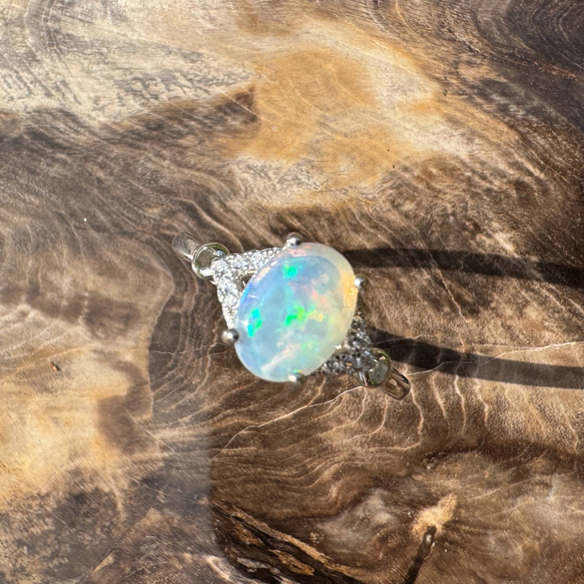 Barossa Valley Charm ~ 0.8ct Solid Lightning Ridge Opal and Cubic Zirconia 925 Silver Ring