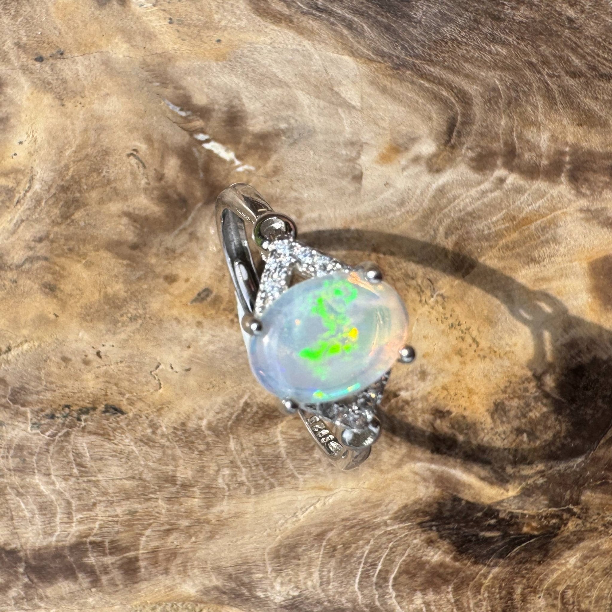 Barossa Valley Charm ~ 0.8ct Solid Lightning Ridge Opal and Cubic Zirconia 925 Silver Ring
