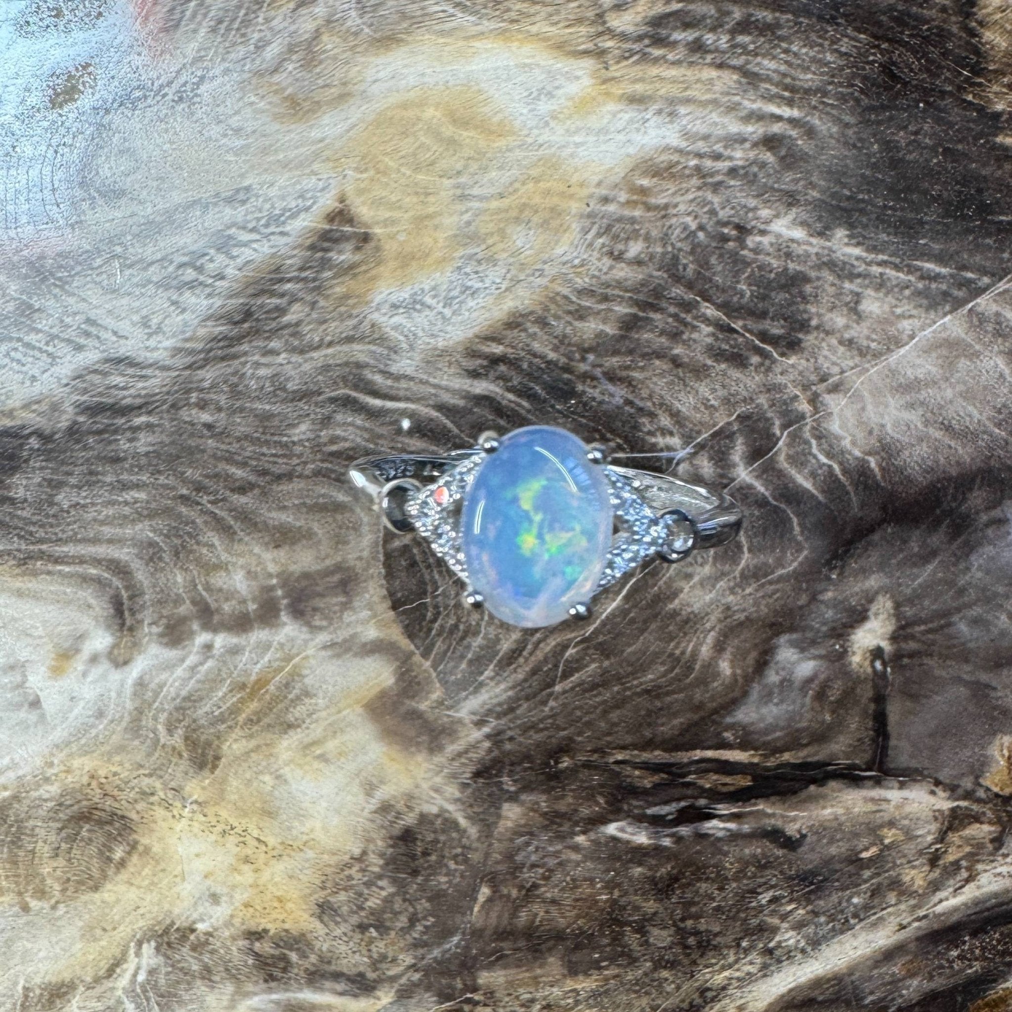 Barossa Valley Charm ~ 0.8ct Solid Lightning Ridge Opal and Cubic Zirconia 925 Silver Ring