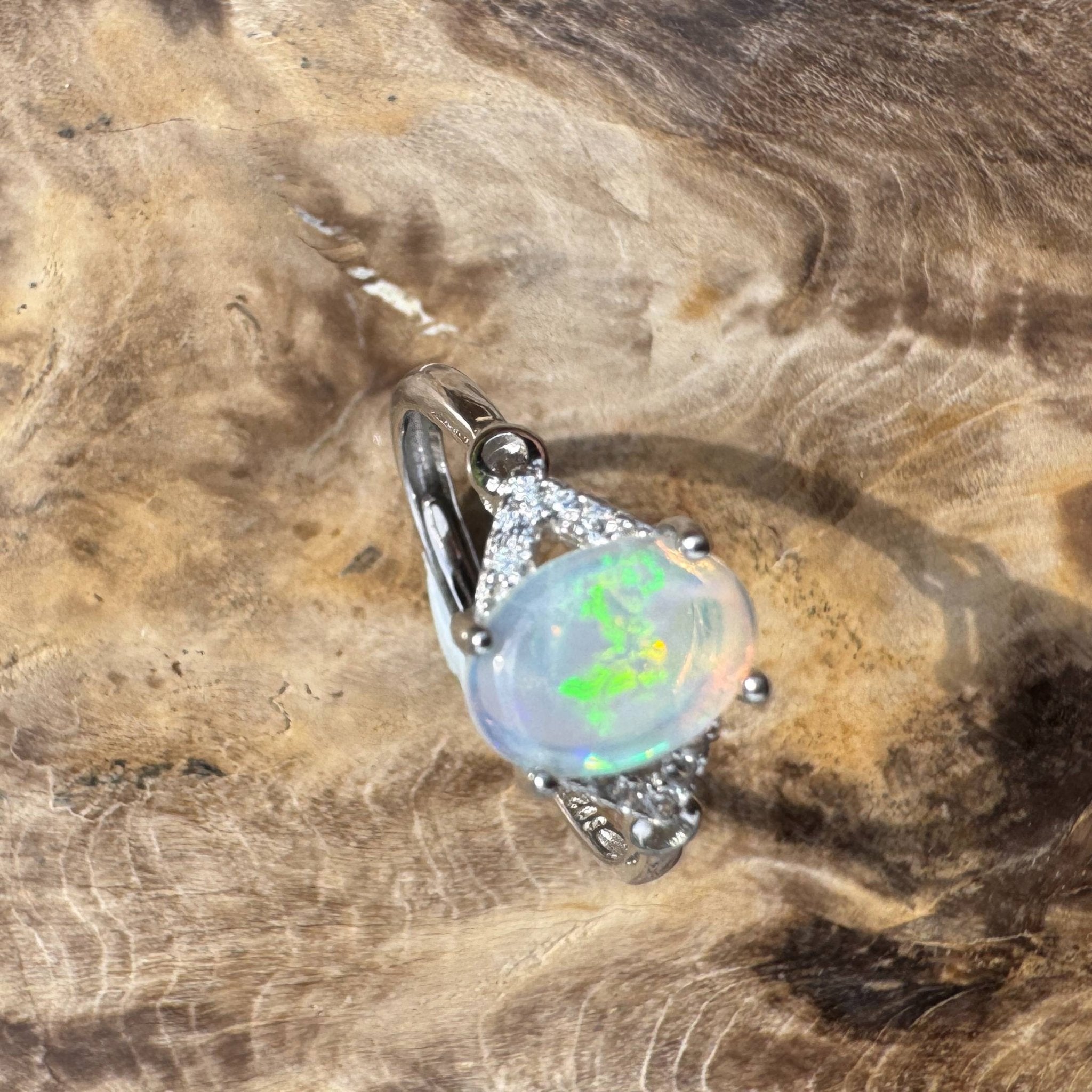 Barossa Valley Charm ~ 0.8ct Solid Lightning Ridge Opal and Cubic Zirconia 925 Silver Ring