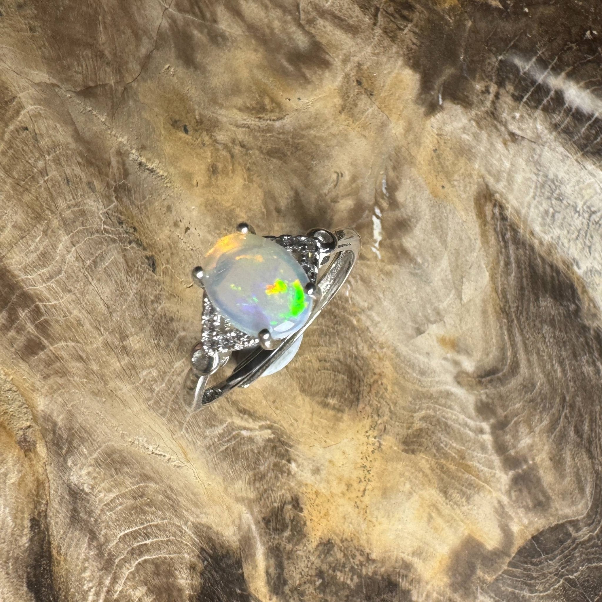 Barossa Valley Charm ~ 0.8ct Solid Lightning Ridge Opal and Cubic Zirconia 925 Silver Ring