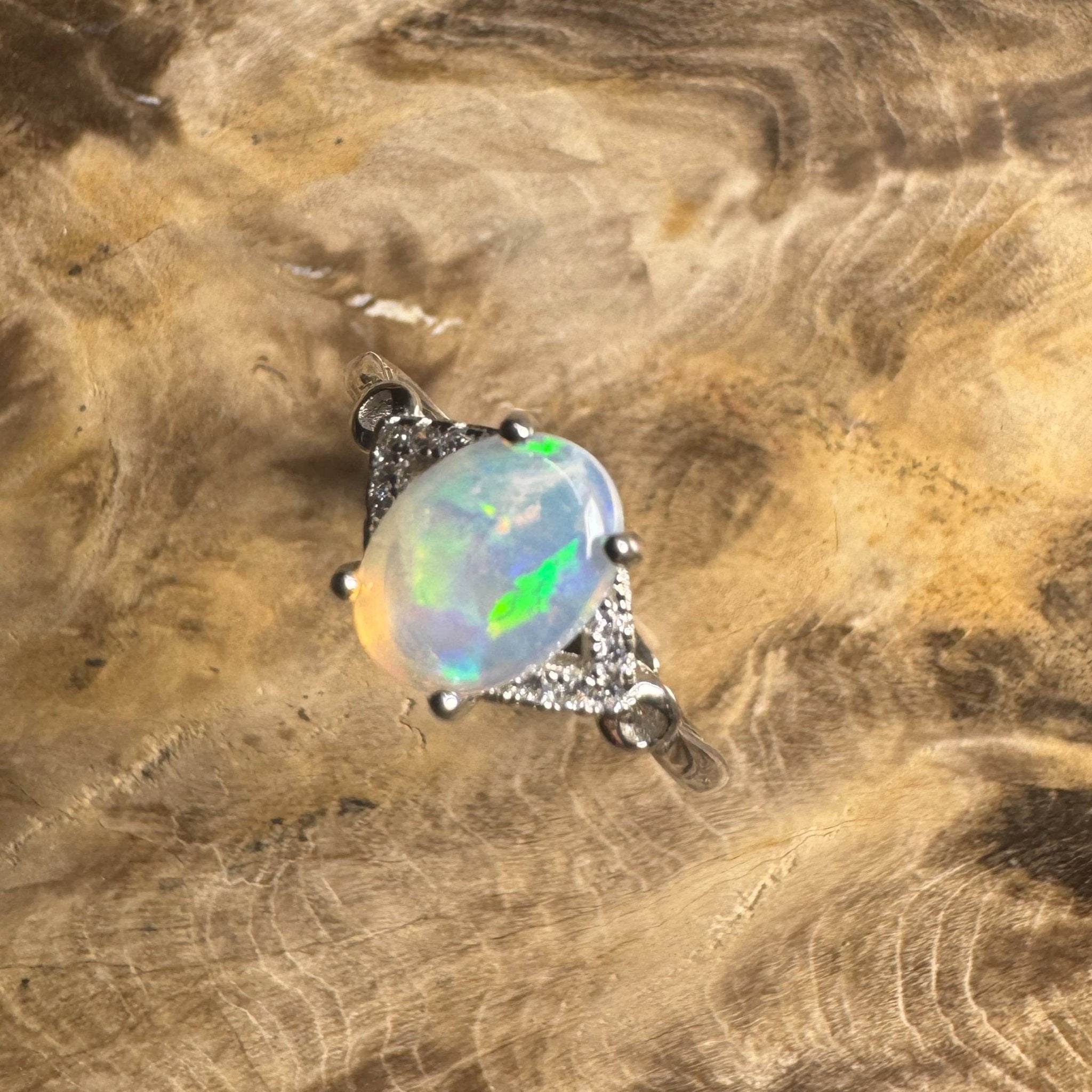Barossa Valley Charm ~ 0.8ct Solid Lightning Ridge Opal and Cubic Zirconia 925 Silver Ring