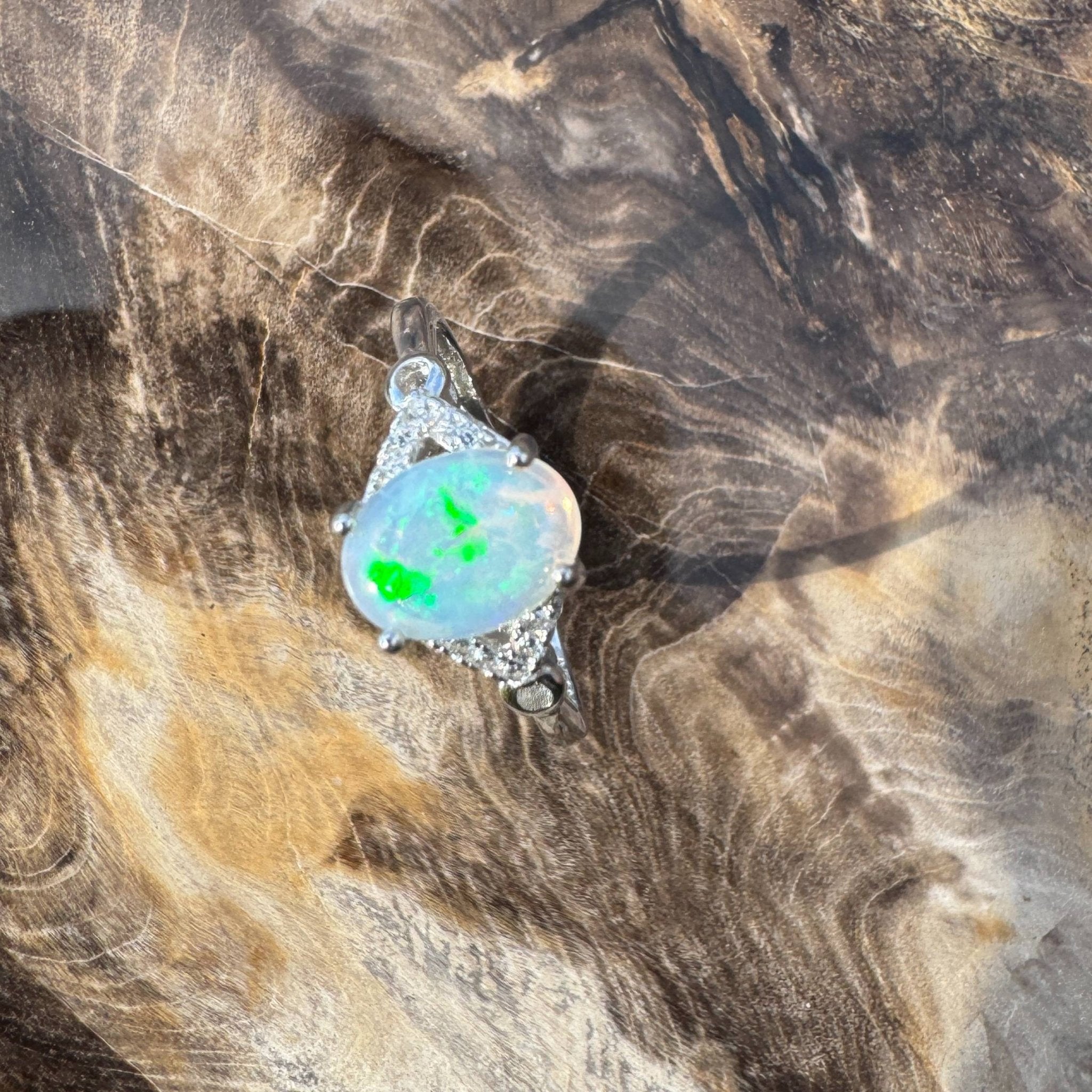 Barossa Valley Charm ~ 0.8ct Solid Lightning Ridge Opal and Cubic Zirconia 925 Silver Ring