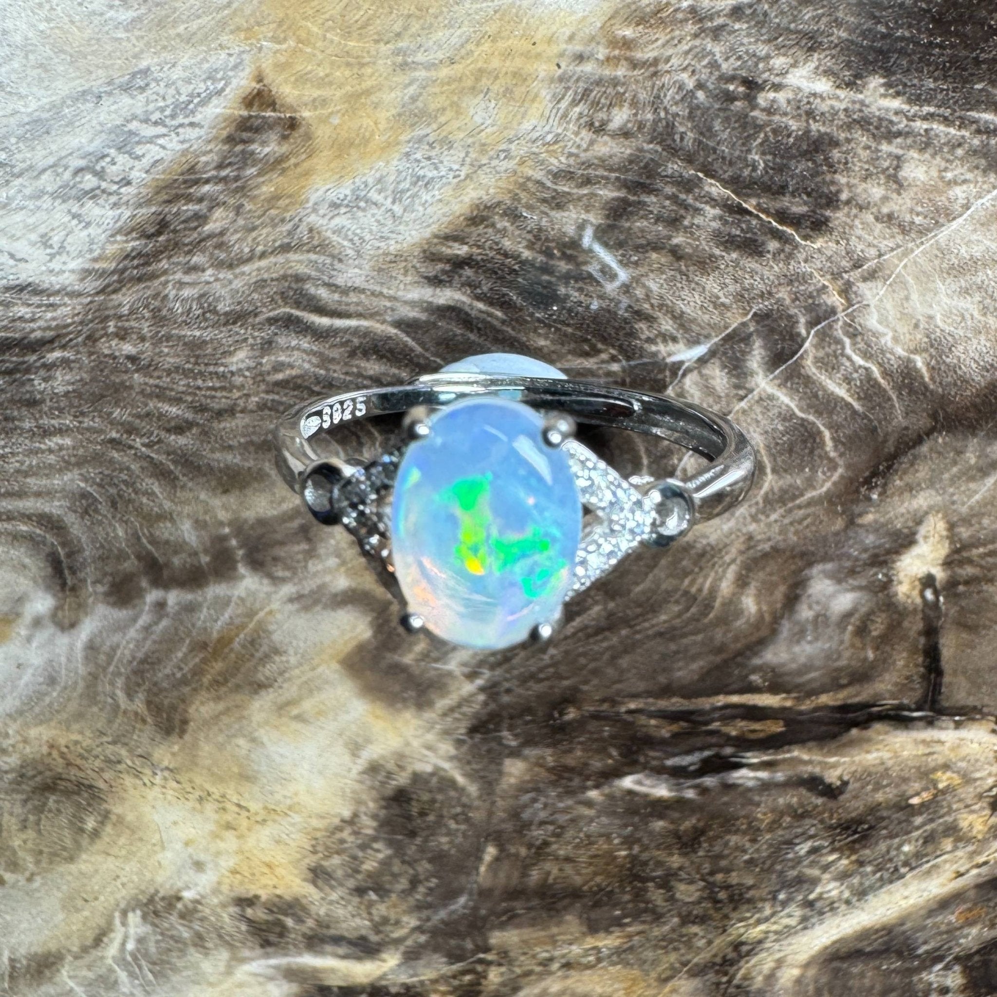 Barossa Valley Charm ~ 0.8ct Solid Lightning Ridge Opal and Cubic Zirconia 925 Silver Ring