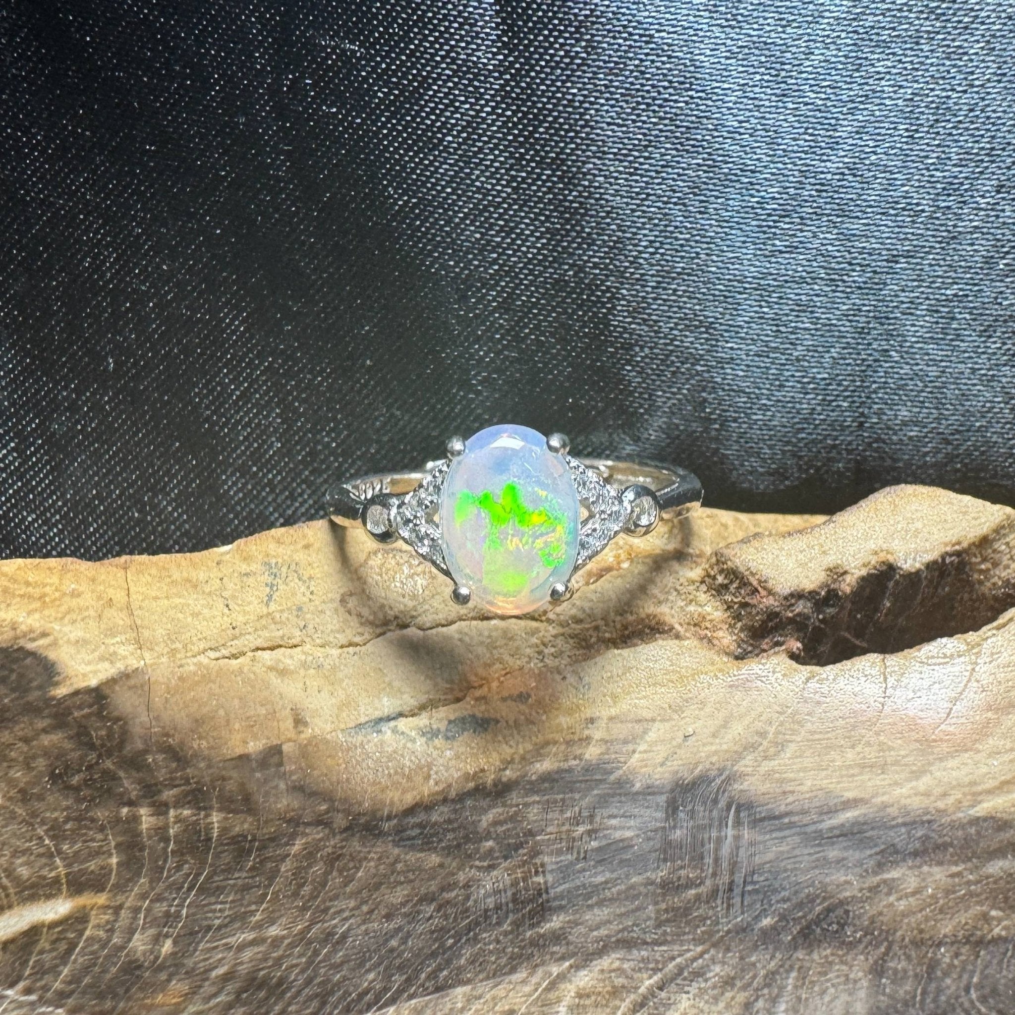 Barossa Valley Charm ~ 0.8ct Solid Lightning Ridge Opal and Cubic Zirconia 925 Silver Ring