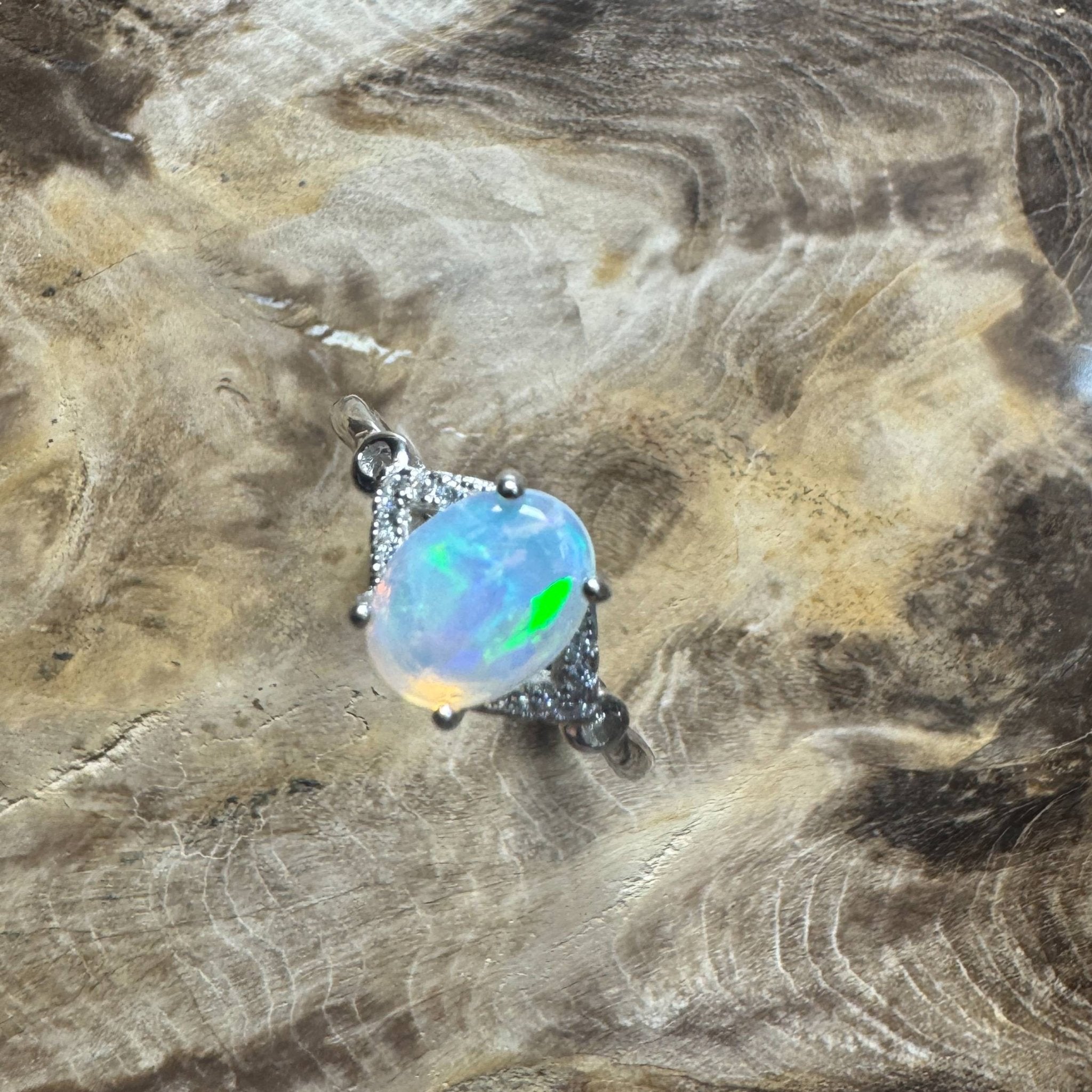 Barossa Valley Charm ~ 0.8ct Solid Lightning Ridge Opal and Cubic Zirconia 925 Silver Ring